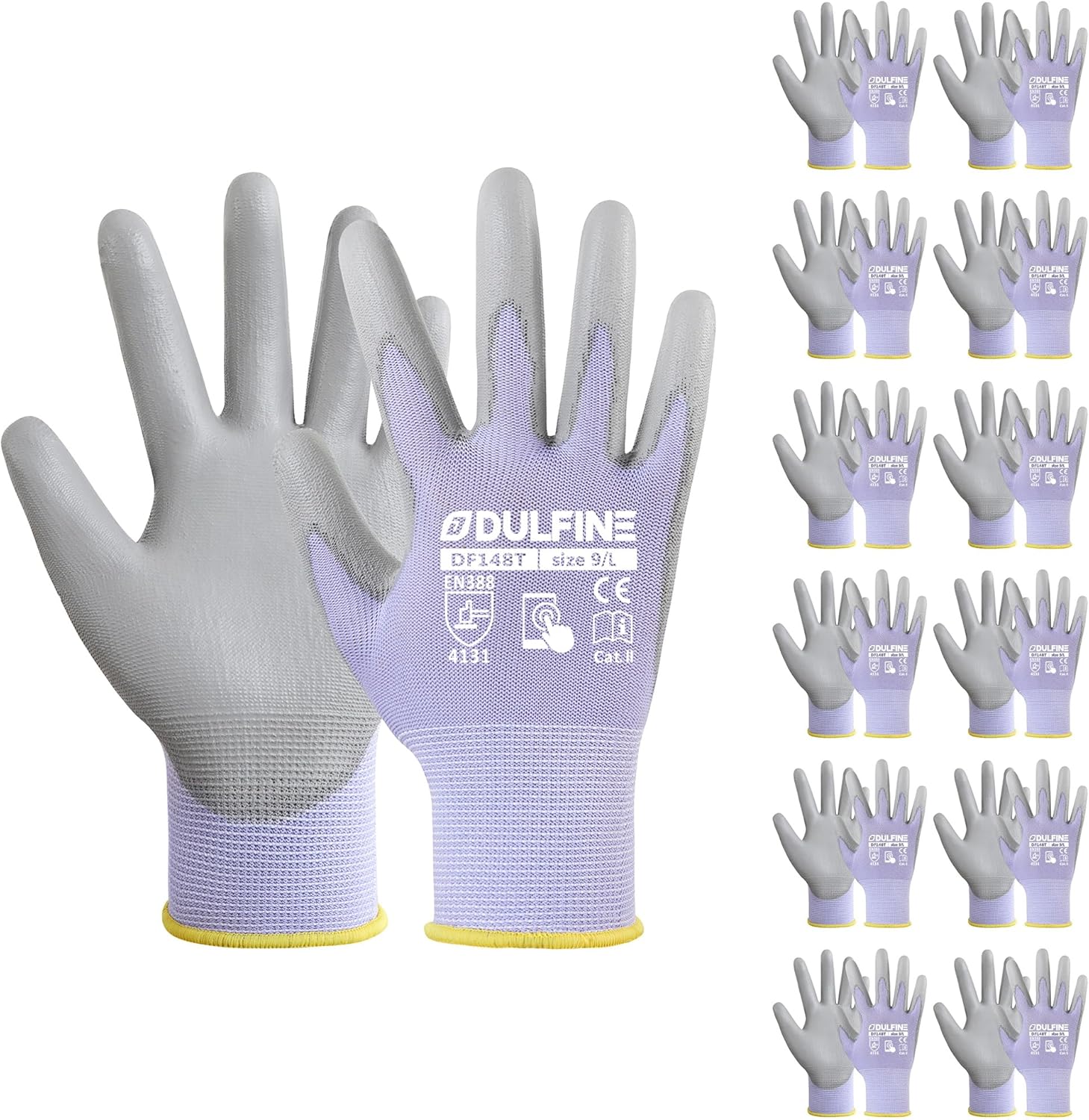 DULFINE Work Gloves for Men PU Coated 12 Pairs Bulk Pack,Purple Seamless Knit Glove with thin Polyurethane,Two Finger Touchscreen, for Men and Women, Ideal for Light Duty Work. (Extra Large)