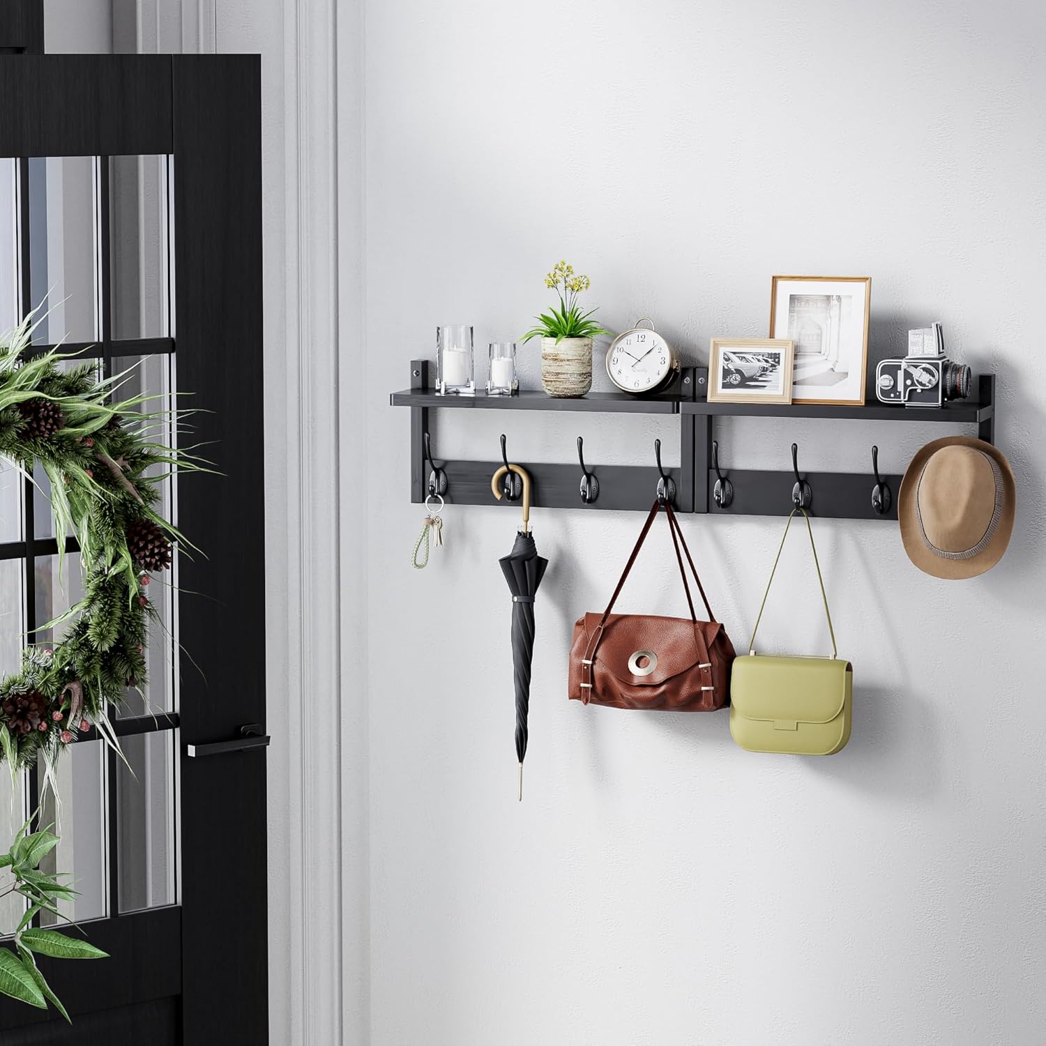Coat Rack with Shelf, 2 Pack Bamboo Wall-Mounted Coat Hanger with 8 Hooks for Entryway, Hallway, Kitchen, Bathroom, Living Room, Utility Room (Black)