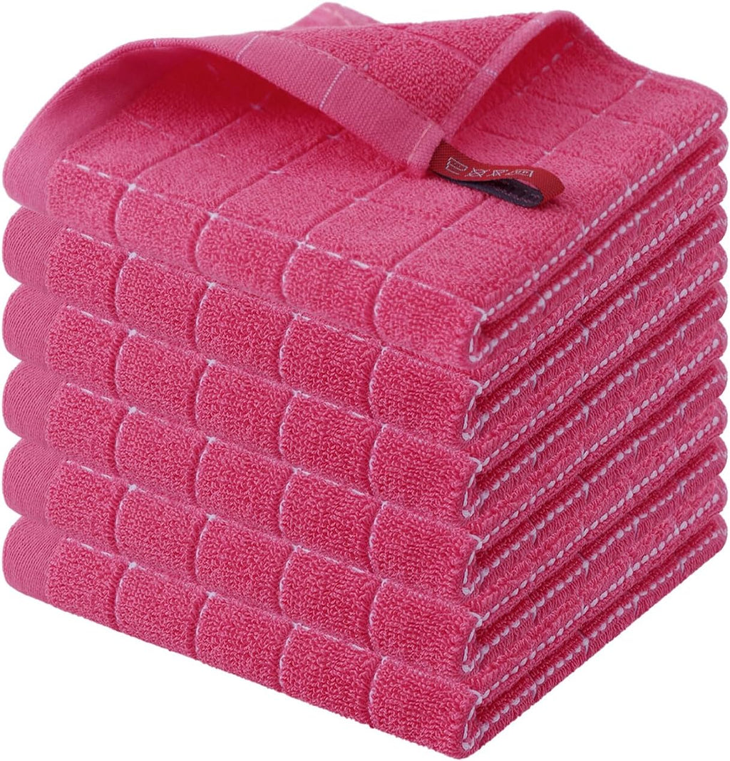 Homaxy 100% Cotton Terry Kitchen Dish Cloths, Ultra Soft and Absorbent Dish Towels for Kitchen, Suitable for Drying and Washing Dishes, 6 Pack, 12 x 12 Inches, Rose Red