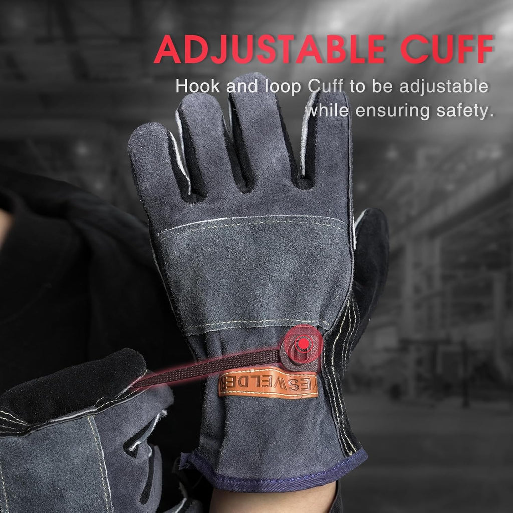 YESWELDER Leather Work Gloves for Men or Women，Suitable for welding & gardening etc. Cowhide leather with cotton lining, wrist closure, grippy and durable.Reinforced palm and finger,Black-gray L