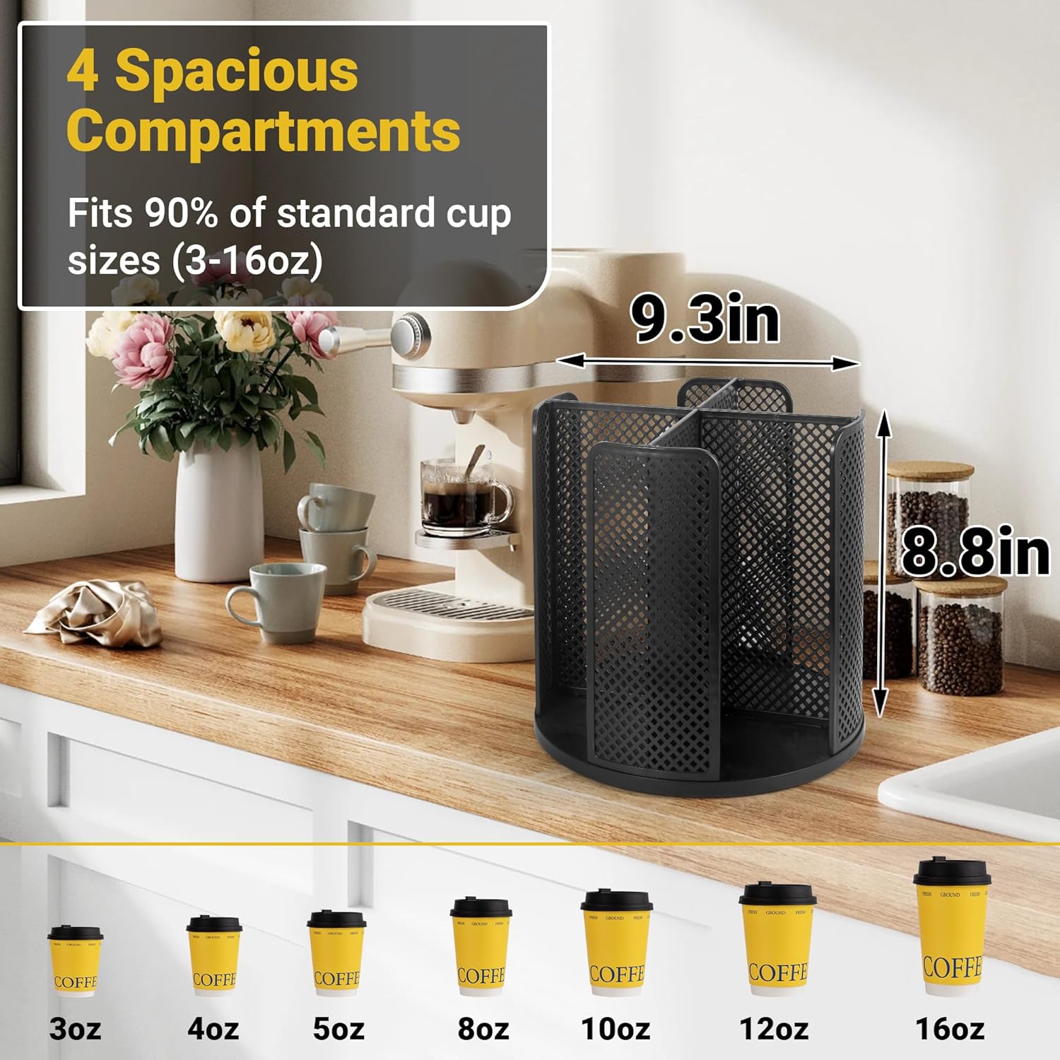 4-Compartment Rotating Paper Cup Holder & Coffee Cup Lid Storage Dispenser, Plastic Cup Dispenser Removable, Space-Saving Countertop Cup Holder for Coffee Bars, Kitchens (Black)