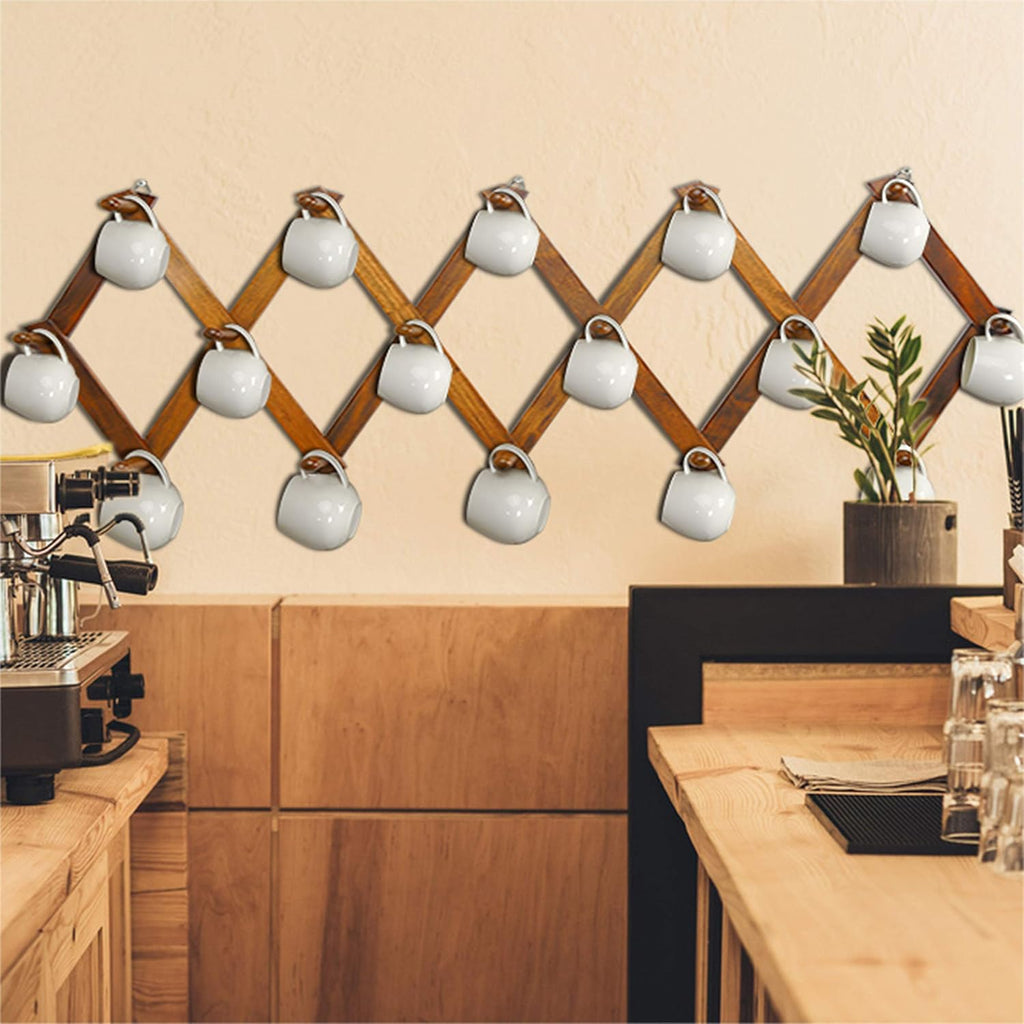 Dseap Accordian Wall Hanger: 16” High Wooden Wall Expandable Coat Rack, Hat Rack Holder, Accordion Hook for Baseball Caps, Coats, Mugs, 16 Peg Hooks, Brown