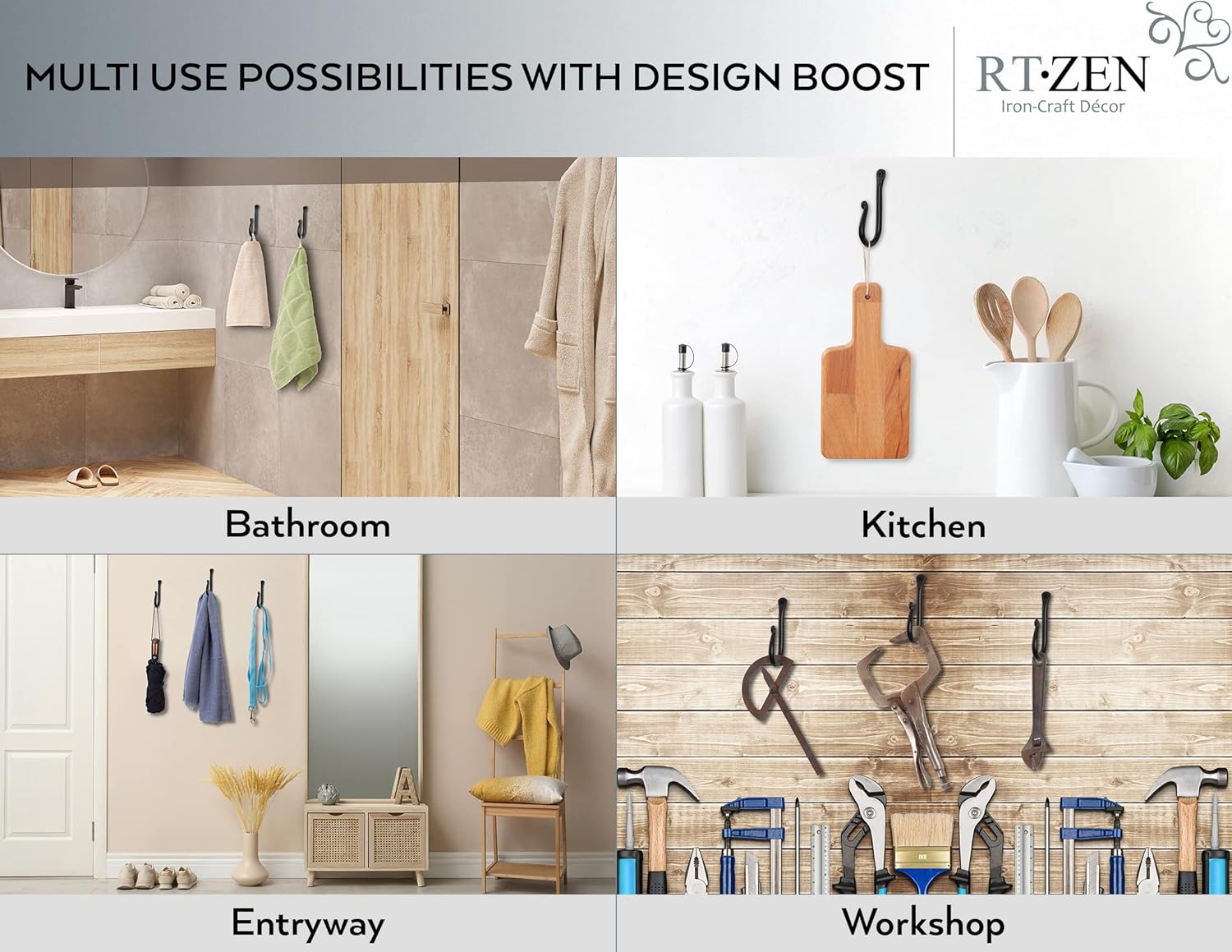 RTZEN Wall Mount Hook Set - Wrought Iron Decorative Rustic Metal Coat Hooks for Hanging - Handcrafted Classic Farmhouse Wall Mounted Black Hooks for Towel Robe or Hat Hanging - 3 Pack