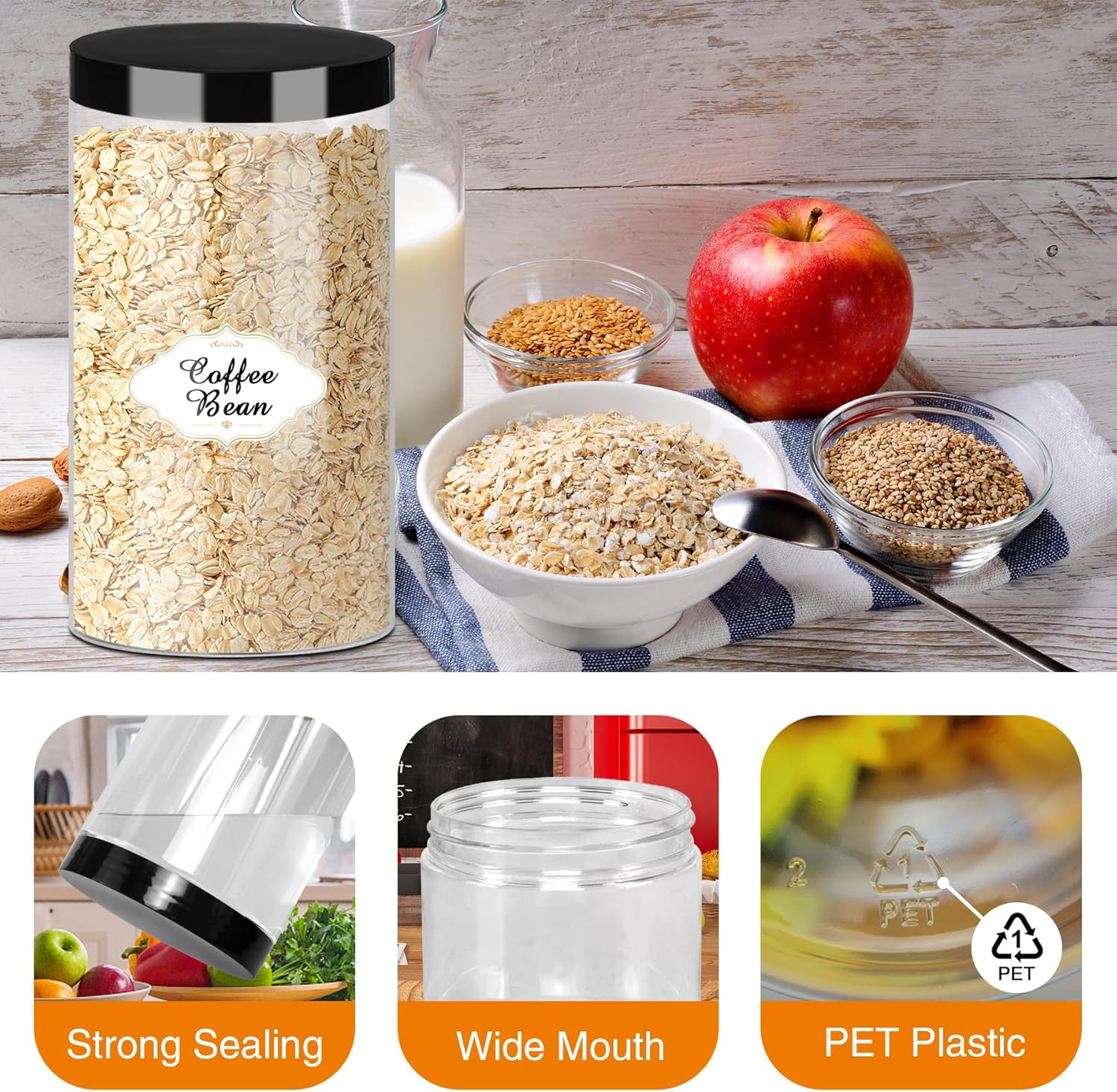 Plastic Jars with Lids, 16 Pcs 32 OZ Large Plastic Storage Jars with Black Leakproof Lids Cylinder Plastic Storage Container Jar Reusable Clear Empty Jars for Home and Kitchen Organizing