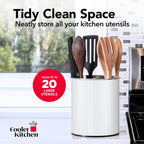 Rotating Extra Large Stainless Steel Utensil Holder Caddy with Sturdy No-Tip Weighted Base, Removable Divider, and Gripped Insert Bottom - Dishwasher Safe Metal Cooking Utensil Holder (White)