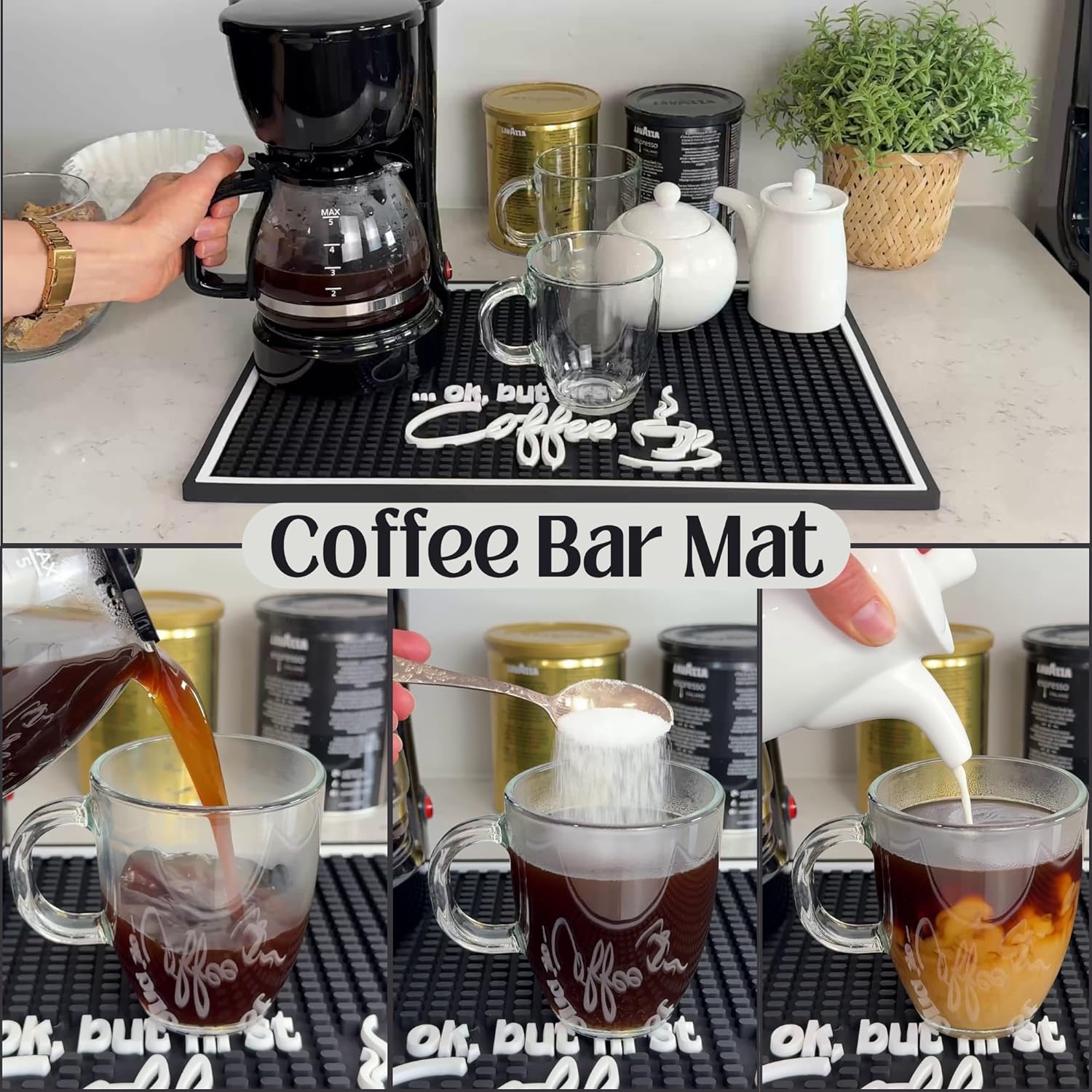 Ok But First Coffee Sign Rubber Bar Mat for Countertop, 18x12 Coffee Bar Mat, Coffee Bar Sign Counter Mat, Coffee Station Mat, Cocktail Rubber Mat