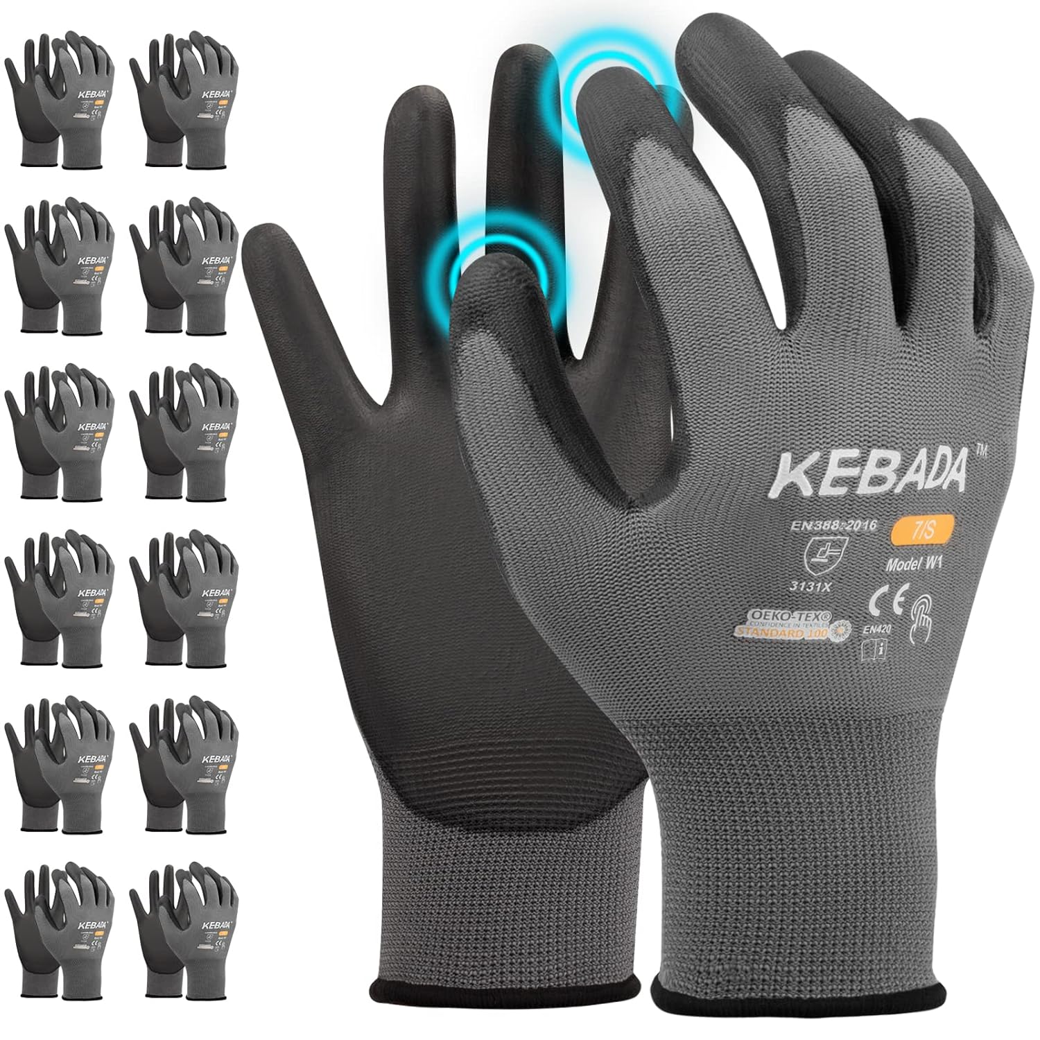 Kebada W1 Work Gloves for Men and Women, PU Coated Safety Gloves with Grip, Touchscreen, Ideal for Warehouse Package Handling, Construction, Gardening, 12 Pairs Gray Small