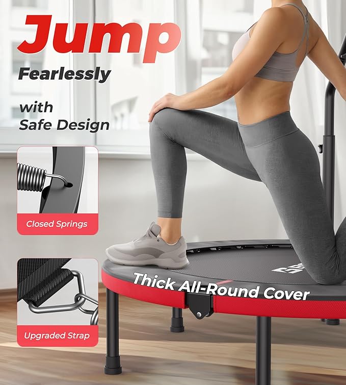 BCAN 40"/48" Foldable Mini Trampoline, Rebounder Trampoline for Adults, U/T Shape Adjustable Foam Handle, Exercise Rebounder for Adults Indoor/Garden Workout, Max Load 330lbs/440lbs