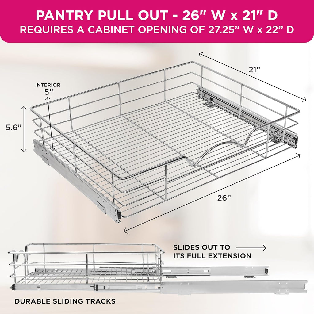 HOLDN’ STORAGE Heavy-Duty Premium Collection Pull Out Cabinet Organizer, Cabinet Drawer Slide Outs, Lifetime Limited Warranty - Basket Size 26" W x 21" D x 5" H, Anti-Rust Chrome Finish