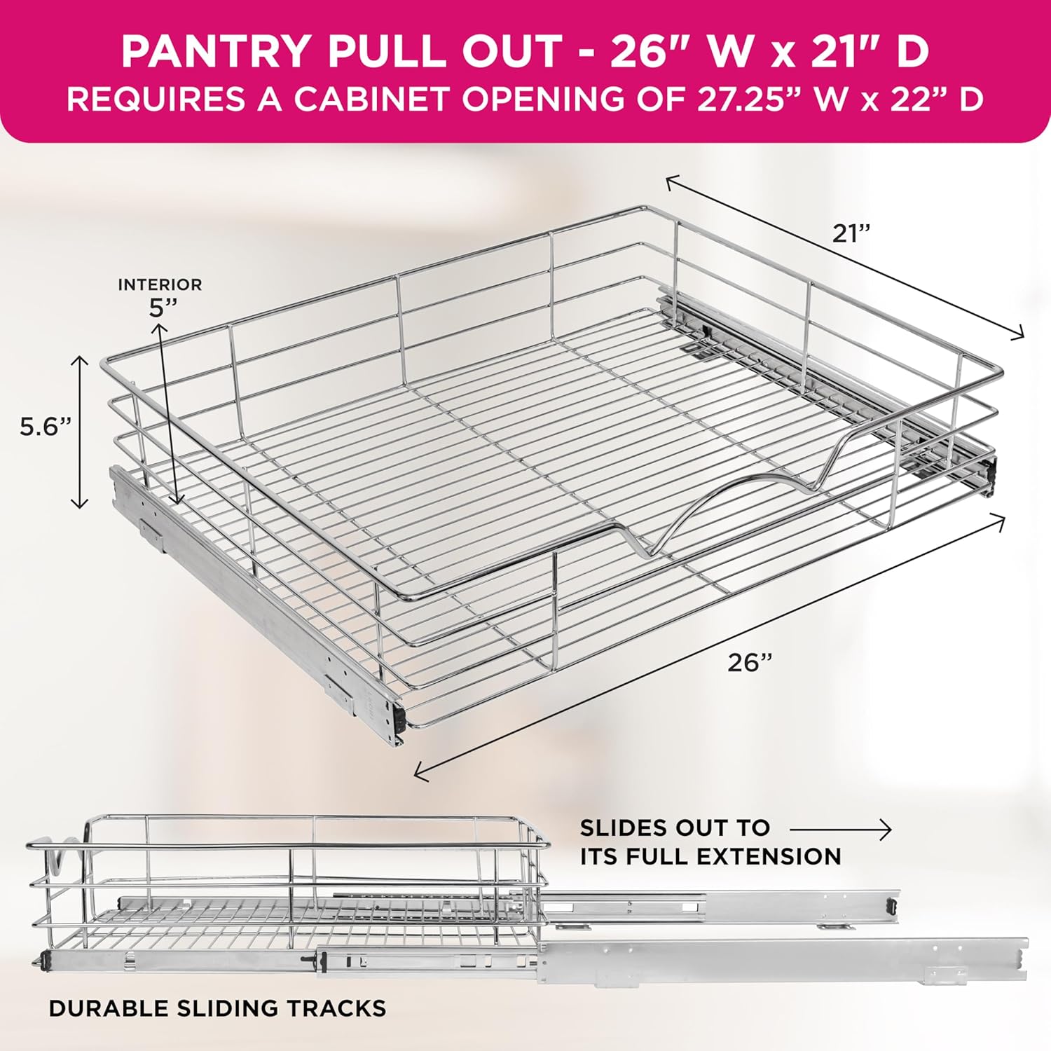 HOLDN’ STORAGE Heavy-Duty Premium Collection Pull Out Cabinet Organizer, Cabinet Drawer Slide Outs, Lifetime Limited Warranty - Basket Size 26" W x 21" D x 5" H, Anti-Rust Chrome Finish