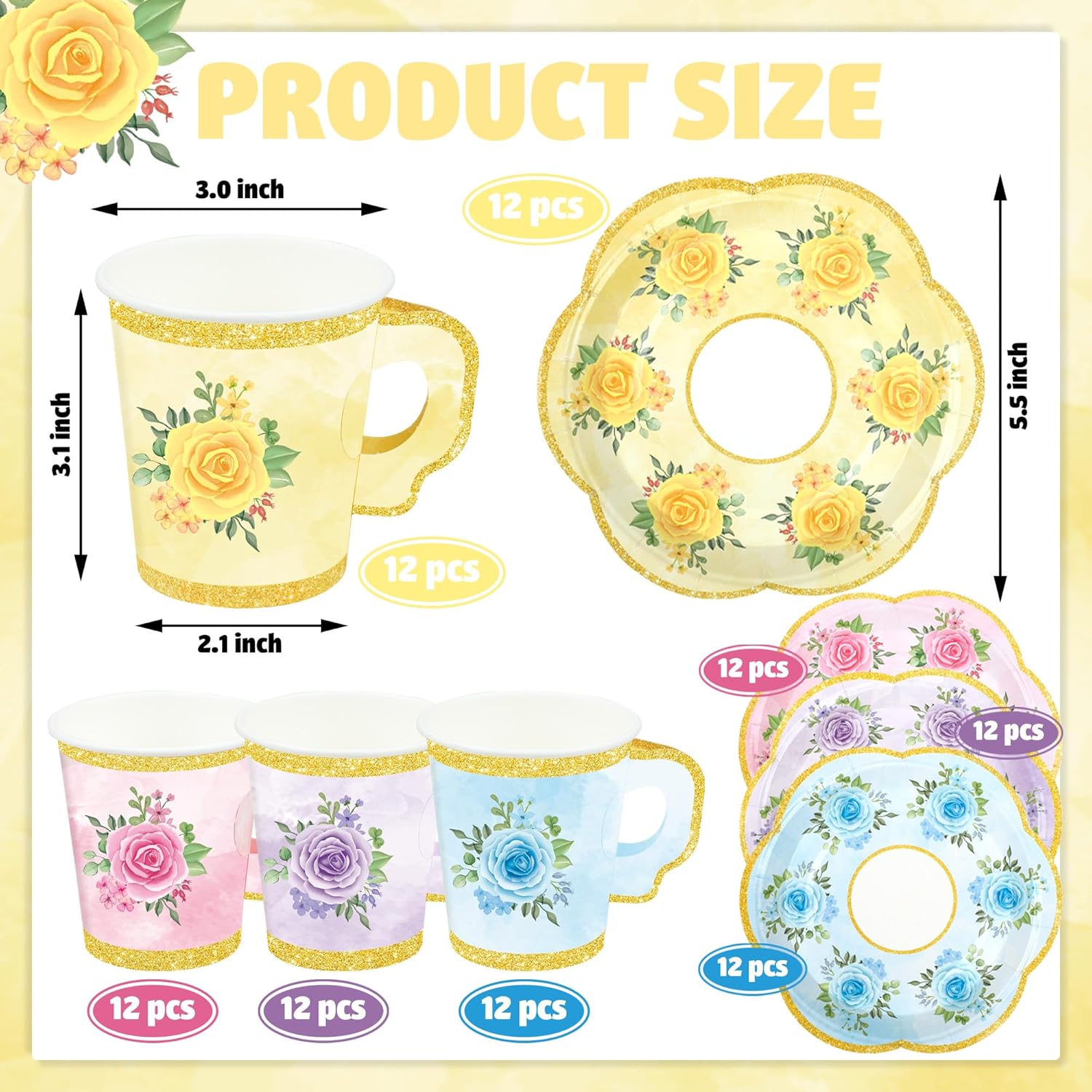 48 Sets Floral Paper Tea Cups and Saucers Disposable Tea Party Supplies Colorful Flower Teacups with Handle and Plates for Hot Cold Drink Wedding Birthday Party Baby Shower