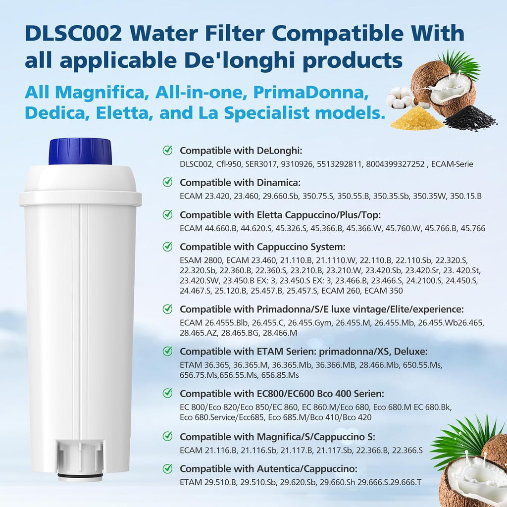 DLSC002 Water Filter Replacement Compatible With Delonghi Coffee Machine Filter Activated Carbon Softener For De'longhi Magnifica evo, Dinamica, Eletta, ECAM, ESAM, ETAM, Bco410/420, Ec680/800, 4 Pack