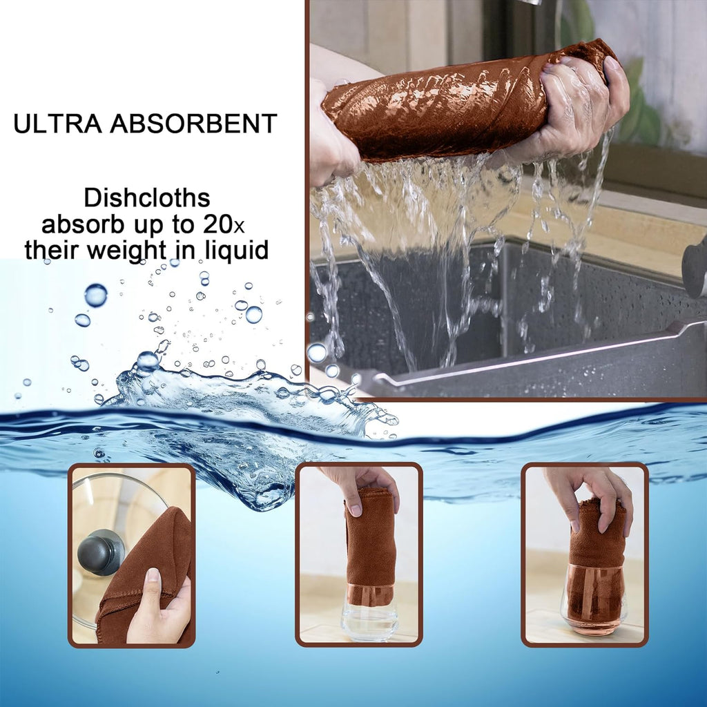 kimteny 13x28 Inches Kitchen Cloth Dish Towels, 400 GSM Premium Dishcloths, Super Absorbent Coral Velvet Microfiber Cleaning Cloths, Fast Drying Rags for Washing Dishes (12 Pack, Brown)