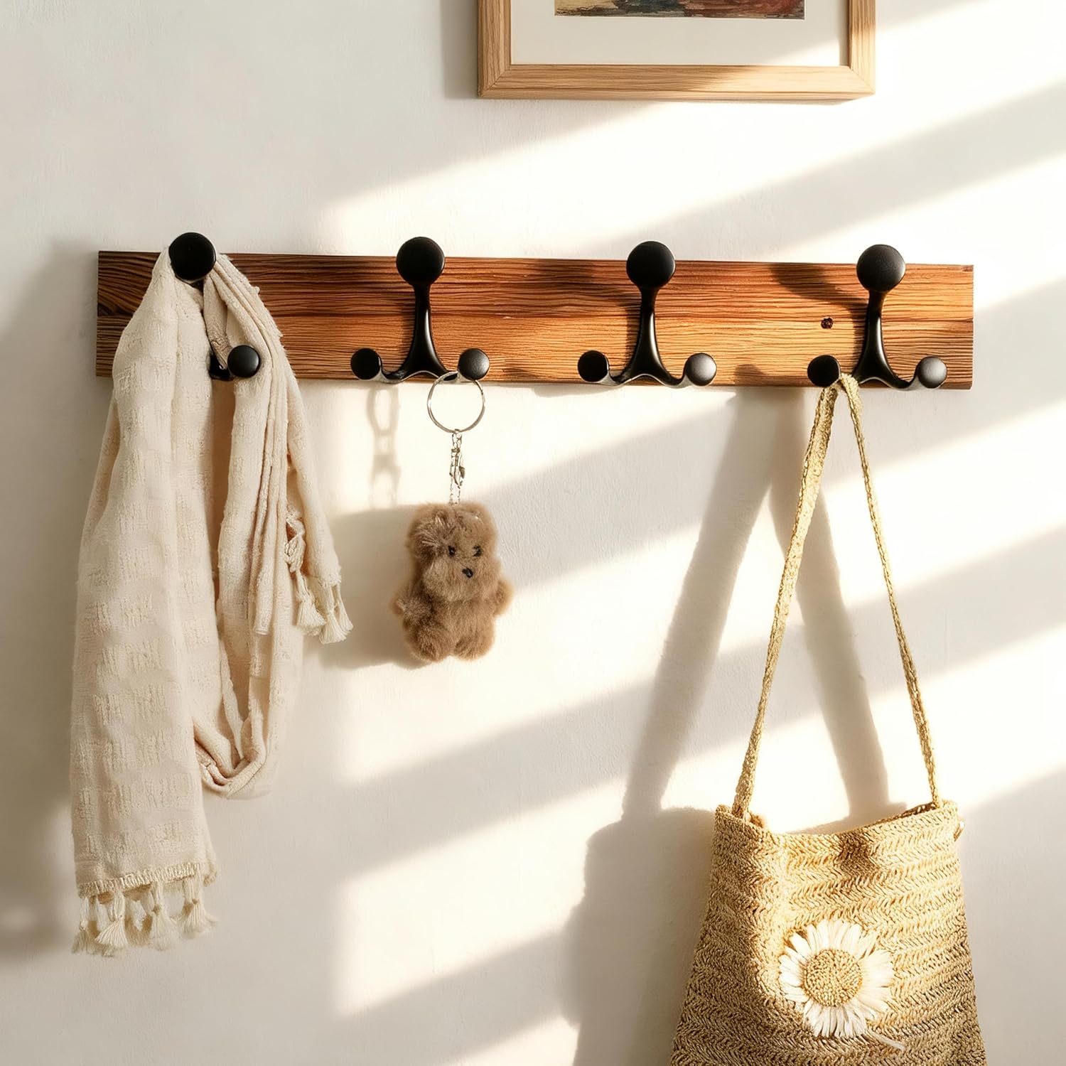 SKOLOO 24-Inch Wood Coat Rack Wall Mount with 4 Triple Hooks - Ideal for Family Entrances, Classrooms, and Pet Supplies Storage - Perfect Coat Hooks for Wall,Charred Golden Brown