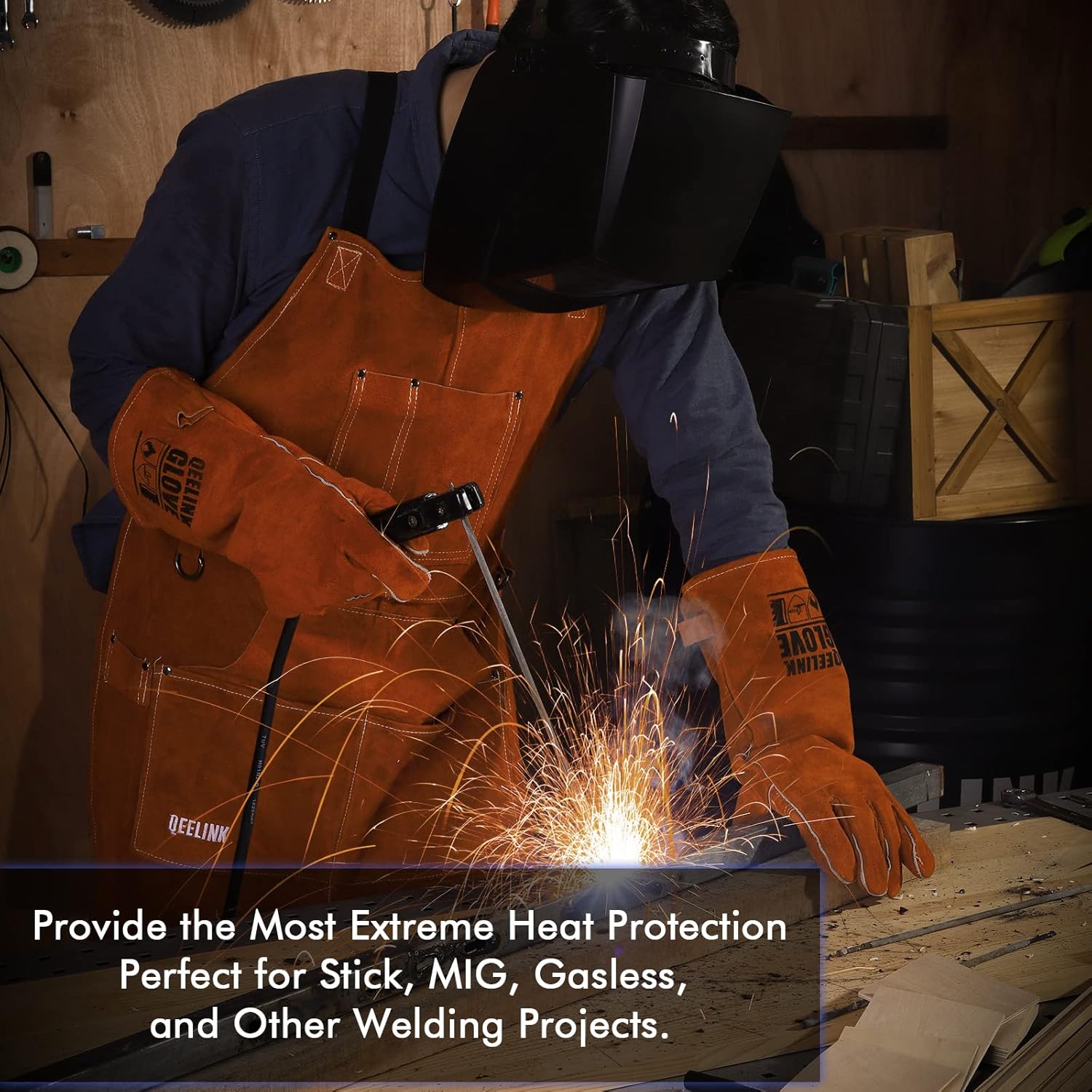 QeeLink Welding Gloves - Heat Resistant Leather and Fireproof Stitching for Fireplace Fire Pit Wood Stove BBQ Gardening Gear