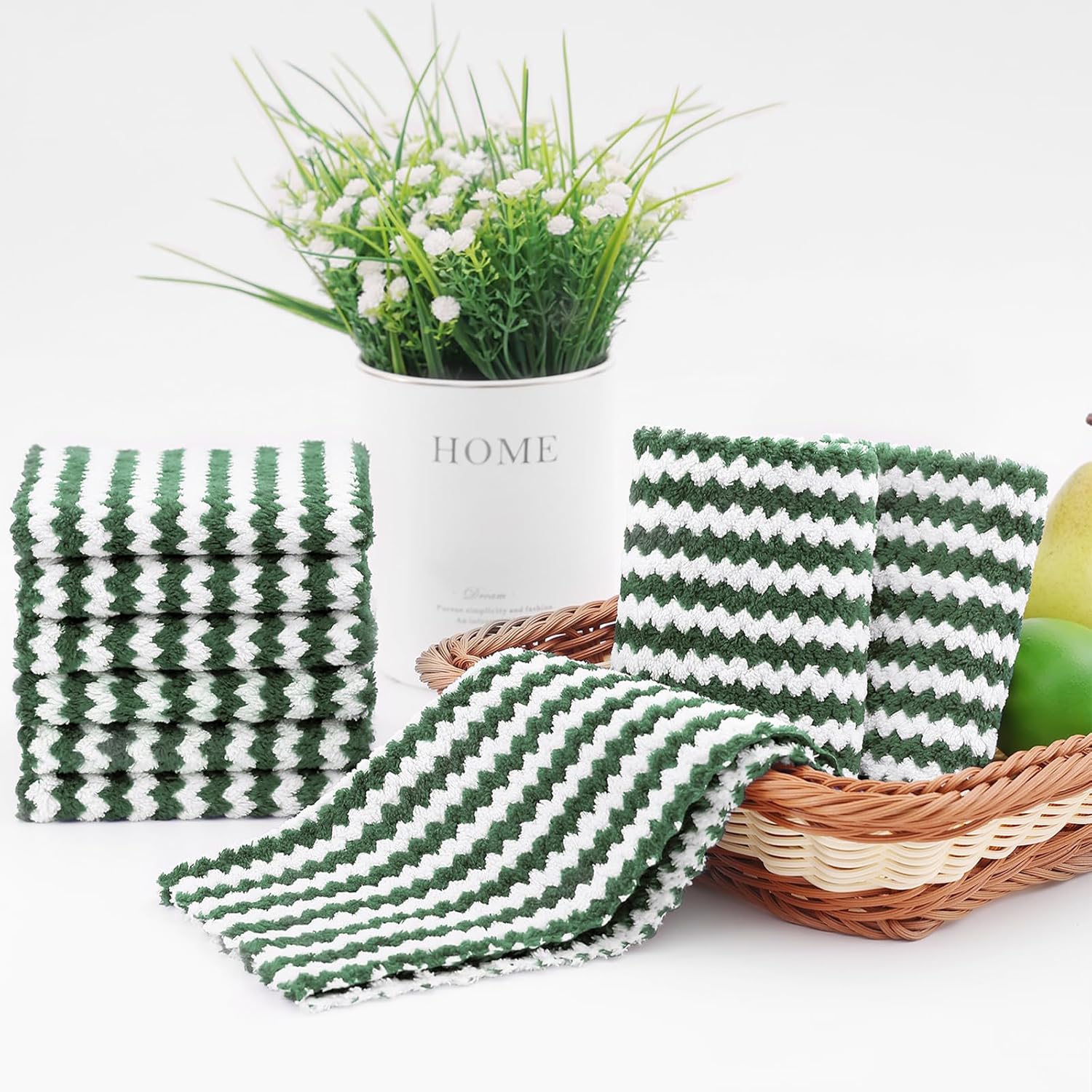 Homaxy 12 Pack Kitchen Dish Cloths, Ultra Soft and Absorbent Dish Towels, Reusable Fast Drying Microfiber Cleaning Cloth, Coral Velvet Wave Design No-lint, 10 x 10 inches, Grass Green