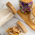 1200ML/42Oz Clear Cute Glass Storage Canister Holder with Airtight Bamboo Lid, Modern Decorative Large Container Jar for Coffee, Spice, Candy, Salt, Cookie, Condiment, Pepper, Sugar