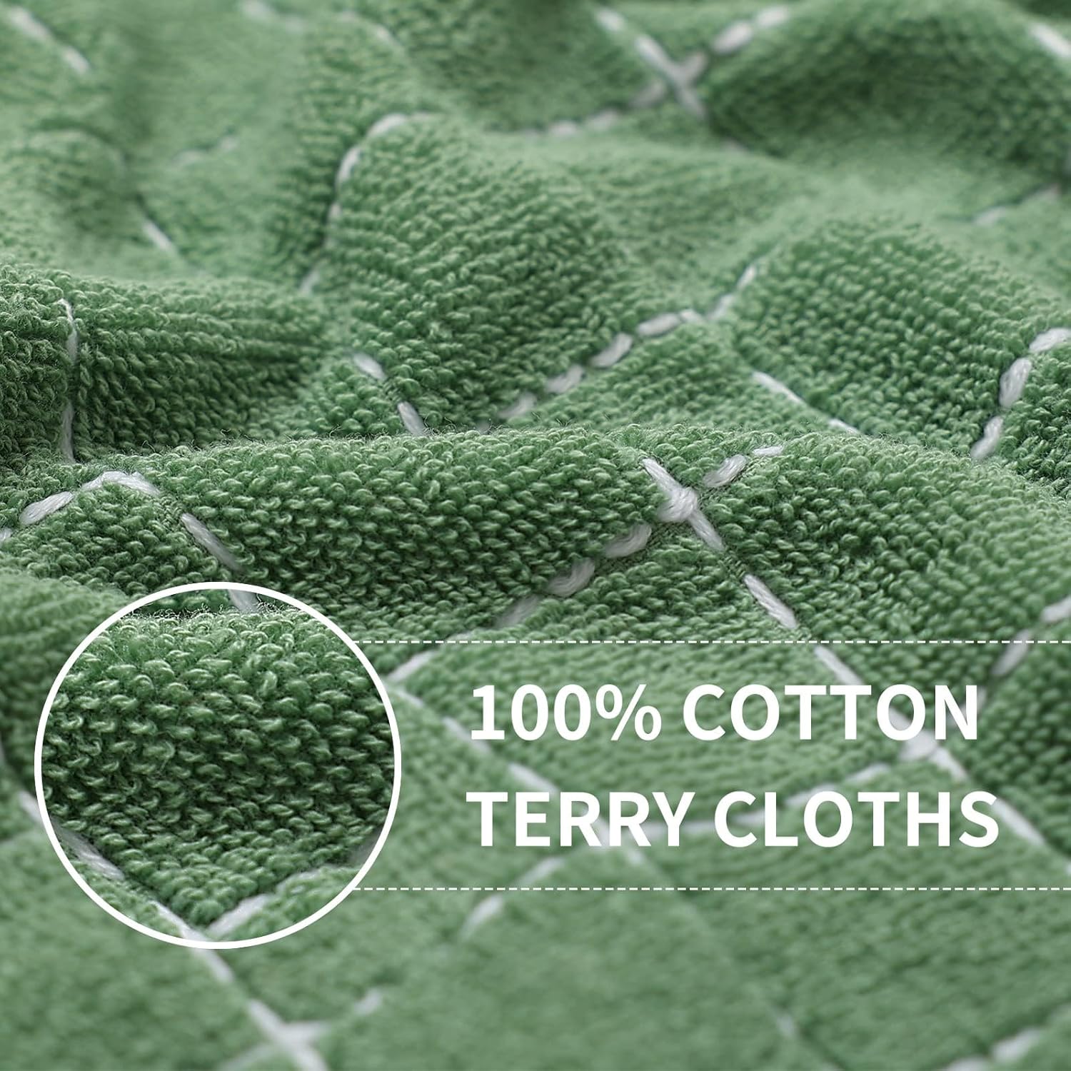 Homaxy 100% Cotton Terry Kitchen Towels(Grass Green, 13 x 28 inches), Checkered Designed, Soft and Super Absorbent Dish Towels, 12 Pack