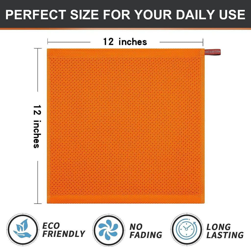 Kitinjoy 100% Cotton Kitchen Dish Cloths, 12 Pack Waffle Weave Ultra Soft Absorbent Dish Towels for Drying Dishes Quick Drying Kitchen Towels Dish Rags, 12 X 12Inch, Orange