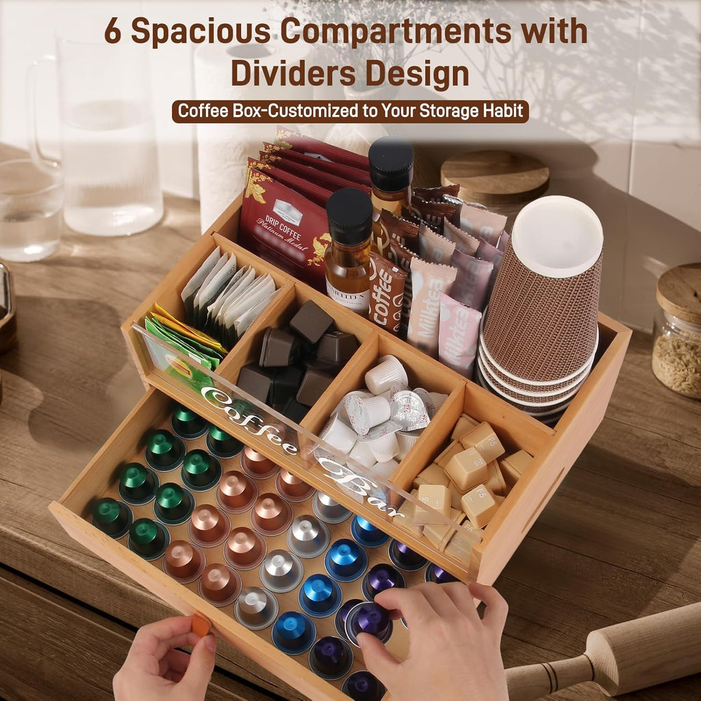 2-Tier Coffee Bar Organizer with Clear Acrylic Top, Built-in Drawer and Leather Handle Pull for Countertop, Stylish Coffee Station Storage Box for Accessories, Pods, Great Gifts for Home