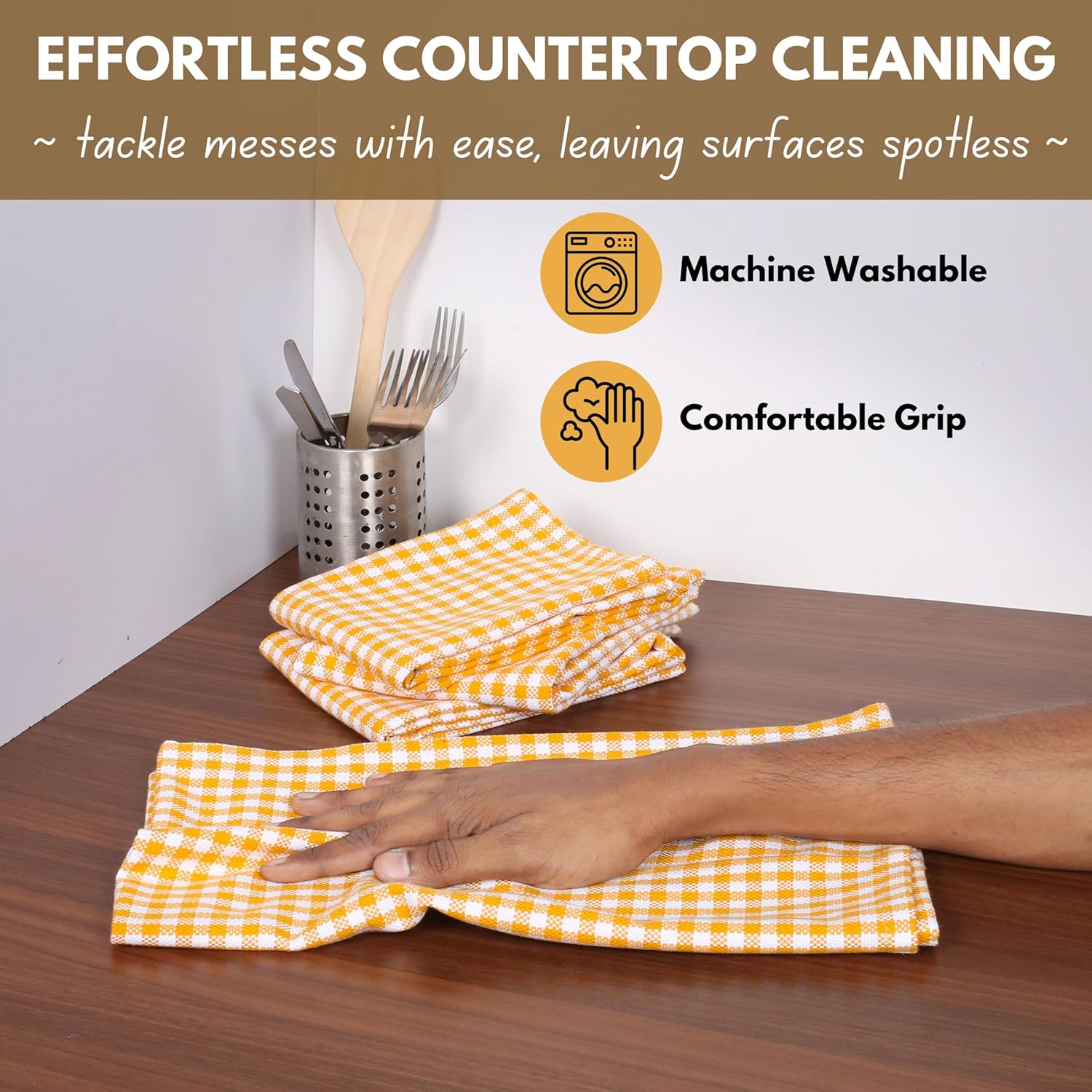 Native Fab 4 Pack Yellow Gingham Cotton Dish Towels 16"x26" - Absorbent Kitchen Linen Towels with Hanging Loop, Dishcloths Set for Drying Dishes, Cleaning Hand Towels, Mustard Yellow White