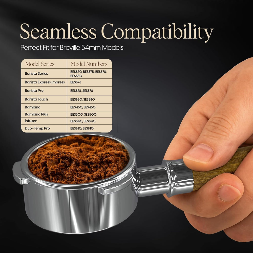 Bottomless Portafilter 54mm - Stainless Steel Filter Basket and Ergonomic Mahogany Wood Handle - Compatible with Breville 54mm Bottomless Portafilter Coffee Machine Models