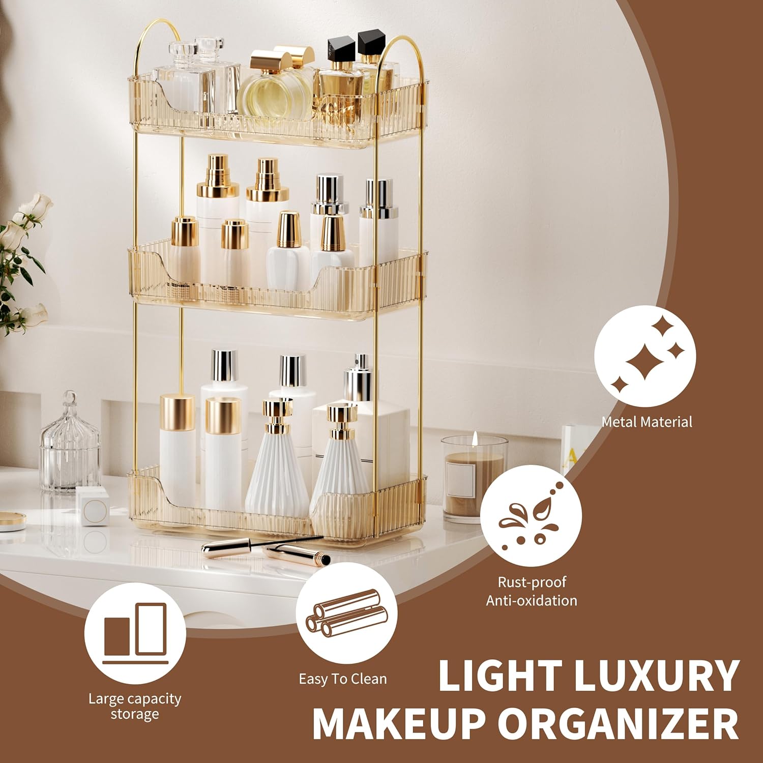 YCIA&DONE Bathroom Organizer Countertop, Makeup Storage, Skincare Cosmetic Tray Shelf, Perfume Holder Rack for Vanity Counter, Large Capacity, Easy to Install, Clean, 3 Tiers, Amber Gold