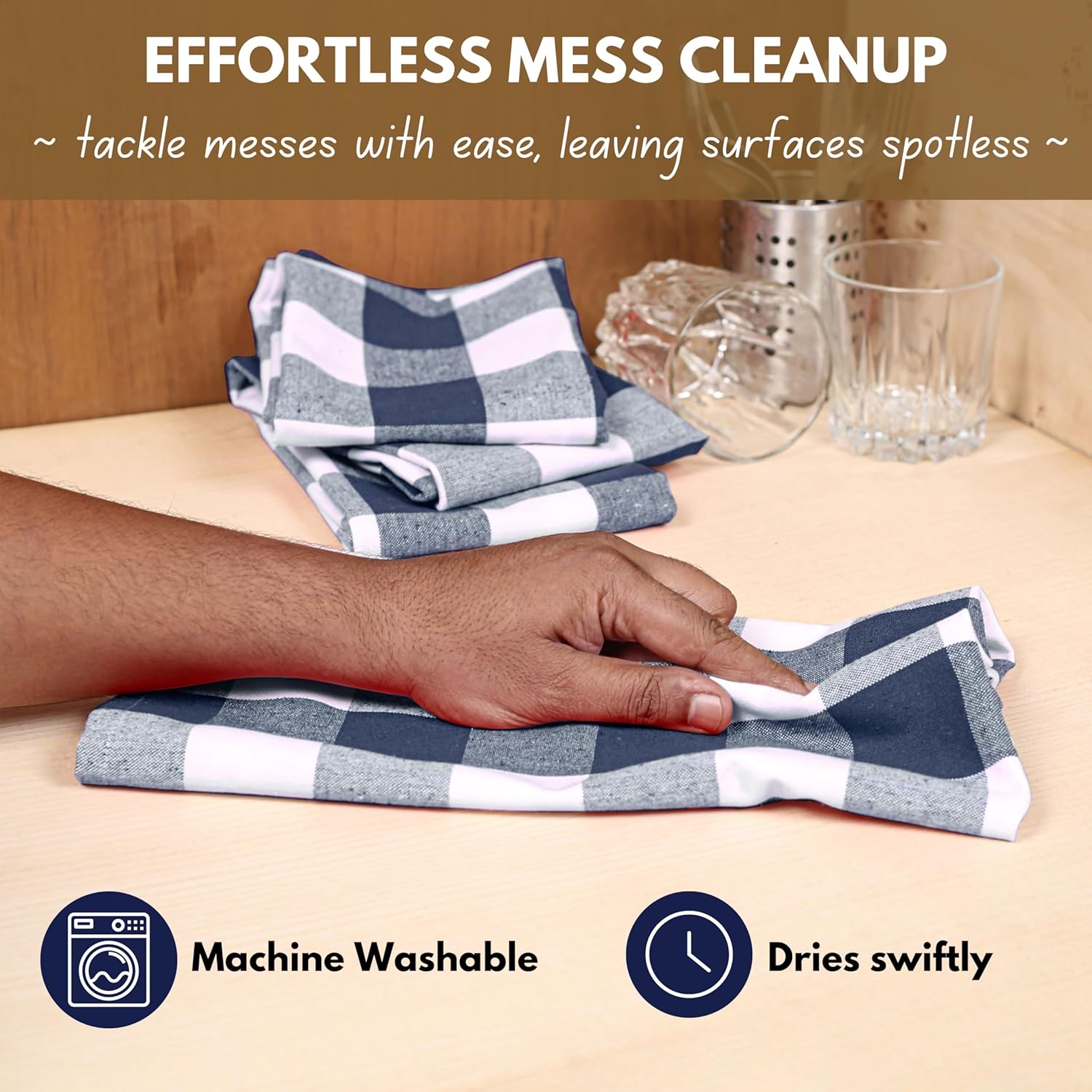 Native Fab 12-Pack Kitchen Towel with Hanging Loop 16x26 inches, Cotton Buffalo Check Kitchen Towels for Cleaning Drying, Washcloths Soft & Absorbent Cloth Rags, Bar Towel, Dish Cloth, Navy