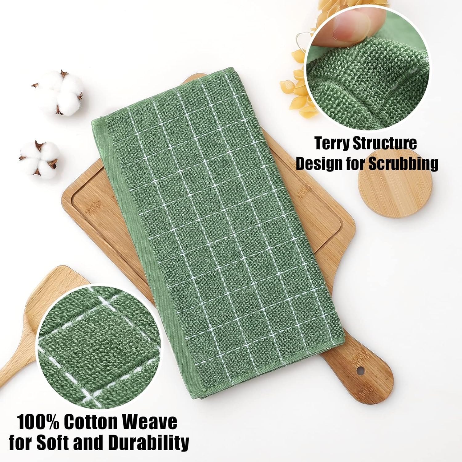 Homaxy 100% Cotton Terry Kitchen Dish Cloths, Ultra Soft and Absorbent Dish Towels for Kitchen, Suitable for Drying and Washing Dishes, 8 Pack, 12 x 12 Inches, Grass Green