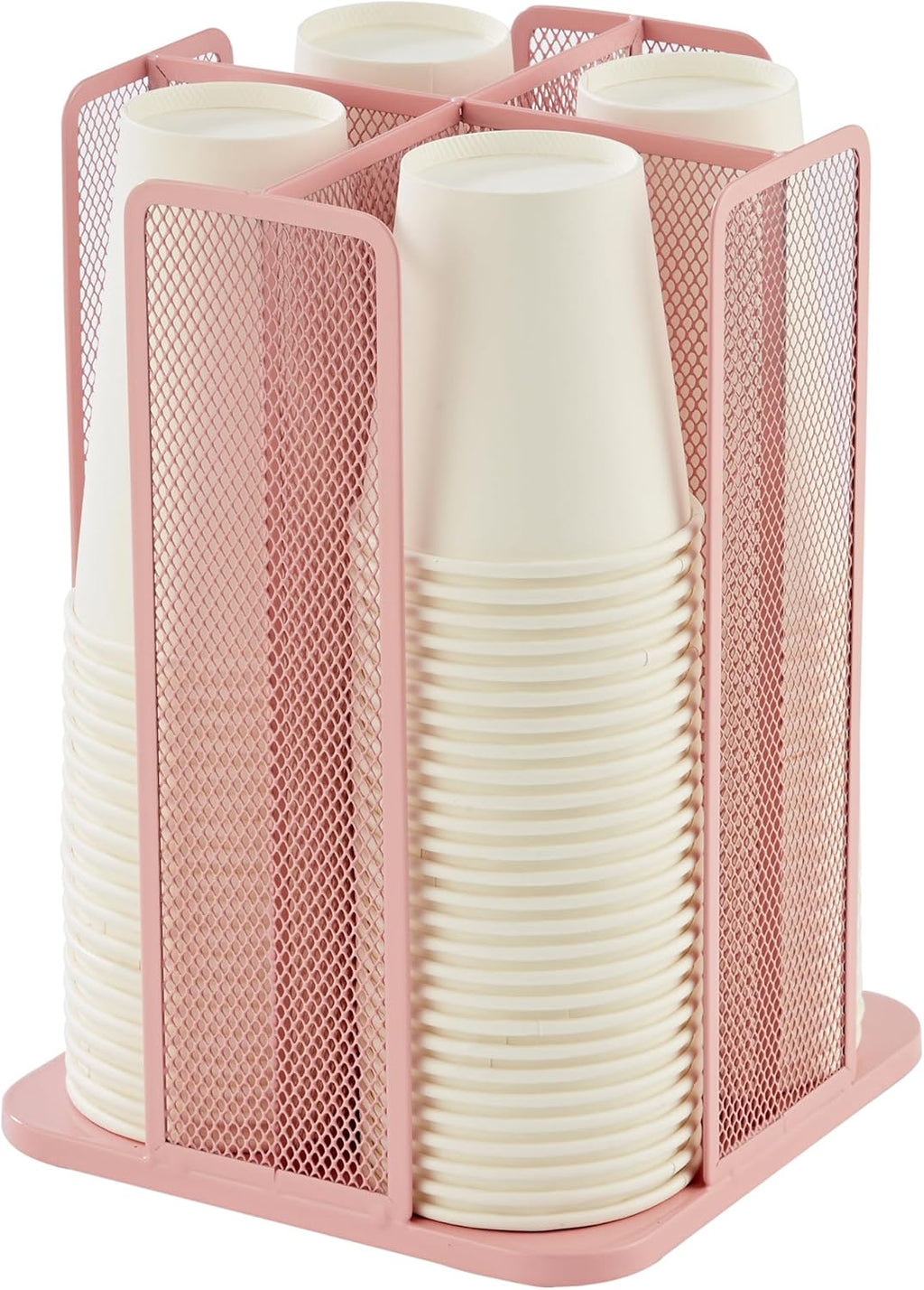 Annova Paper/Plastic Cup and Lid Holder Plastic Storage Organizer, 360°Rotating Coffee Mup Dispenser with 4 Compartments, Multifunctional Storage Rack for Home, Office, Bar, Coffee Shop (Light PInk)