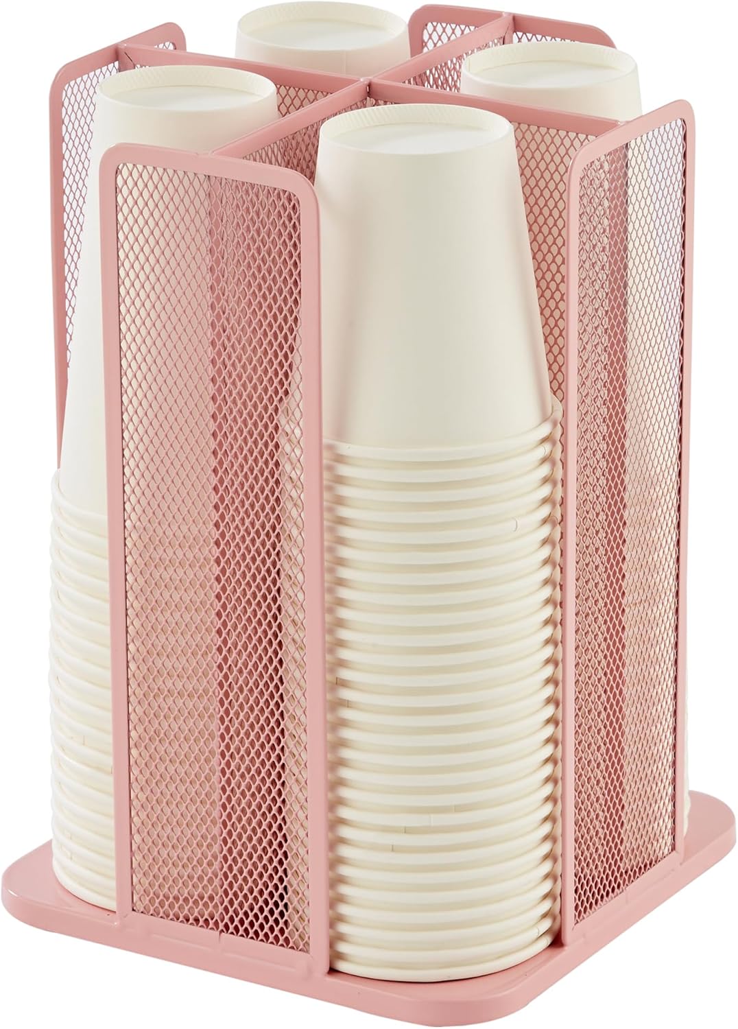 Annova Paper/Plastic Cup and Lid Holder Plastic Storage Organizer, 360°Rotating Coffee Mup Dispenser with 4 Compartments, Multifunctional Storage Rack for Home, Office, Bar, Coffee Shop (Light PInk)