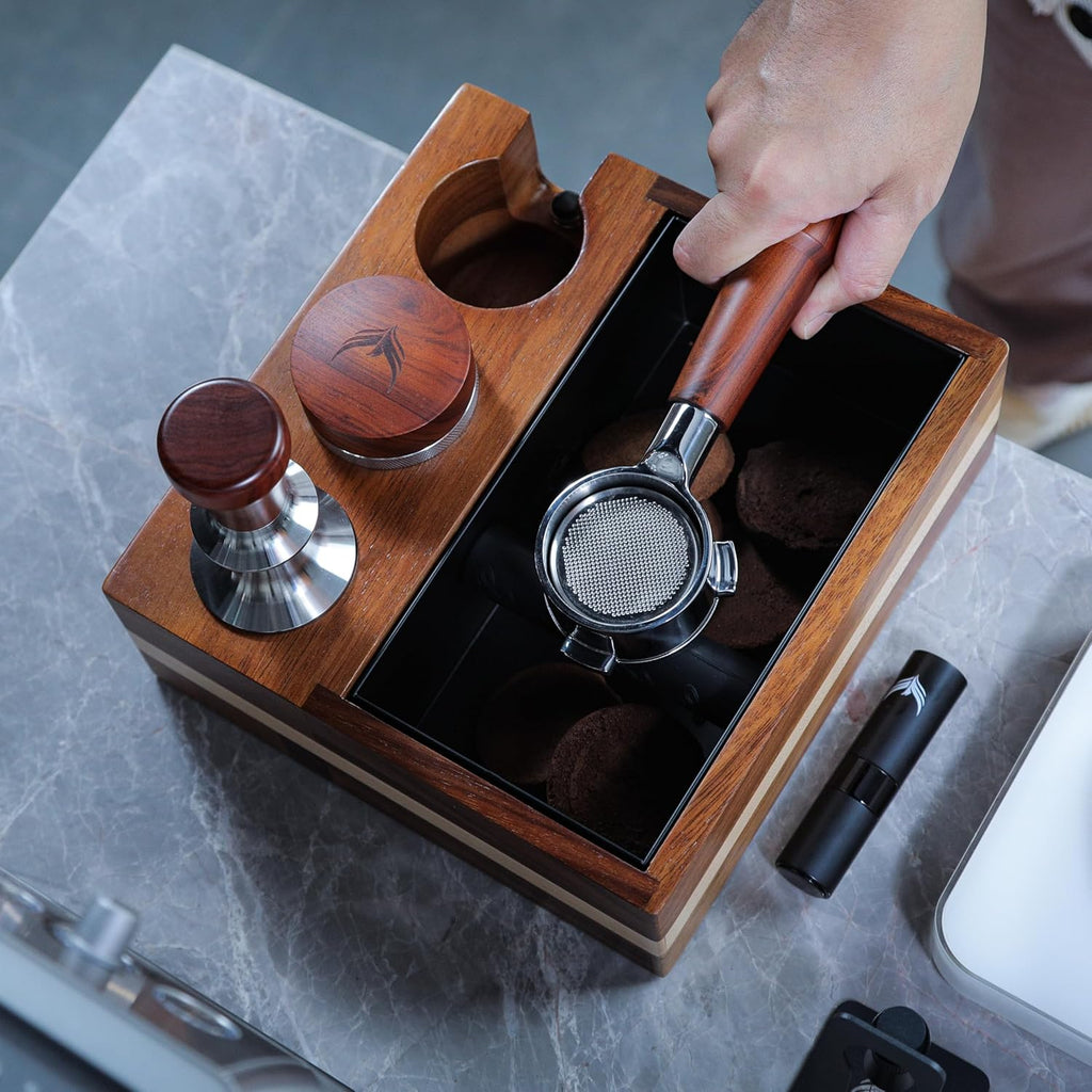 51mm Espresso Knock Box and Tamping Station – Walnut Espresso Tool Organizer with Detachable Knock Box, Tamper Holder, and Portafilter Stand – Perfect for 51mm Espresso Accessories