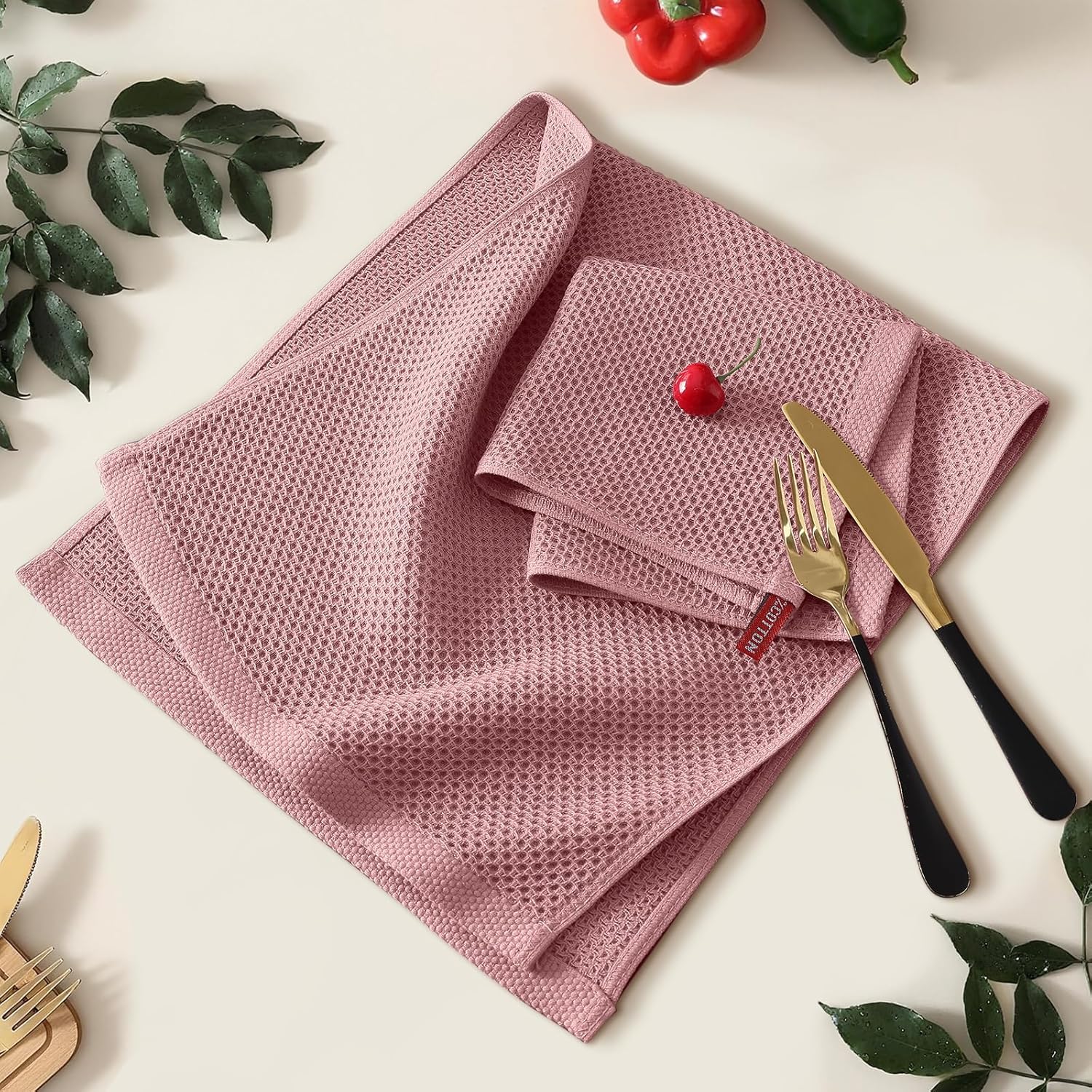 Kitinjoy 100% Cotton Waffle Weave Kitchen Towels (13 X 28 Inches, Dried Roses), 4-Pack Super Soft and Absorbent Dish Towel for Drying Dishes, Kitchen Hand Towels