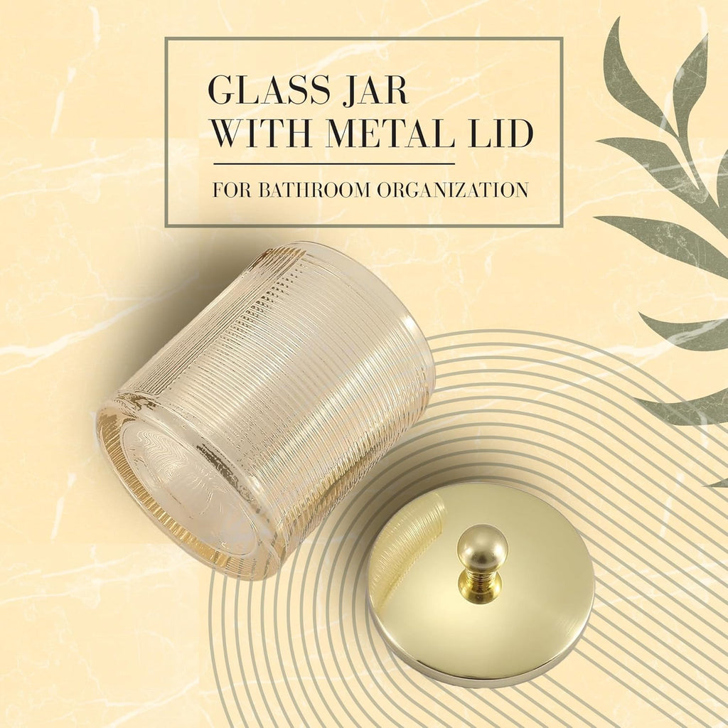 Glass Jar with Metal Lid for Bathroom Organization, Clear Apothecary Jar for Cotton Balls, Q Tips, and Small Accessories, Stylish Bathroom Storage Container Tan, Gold