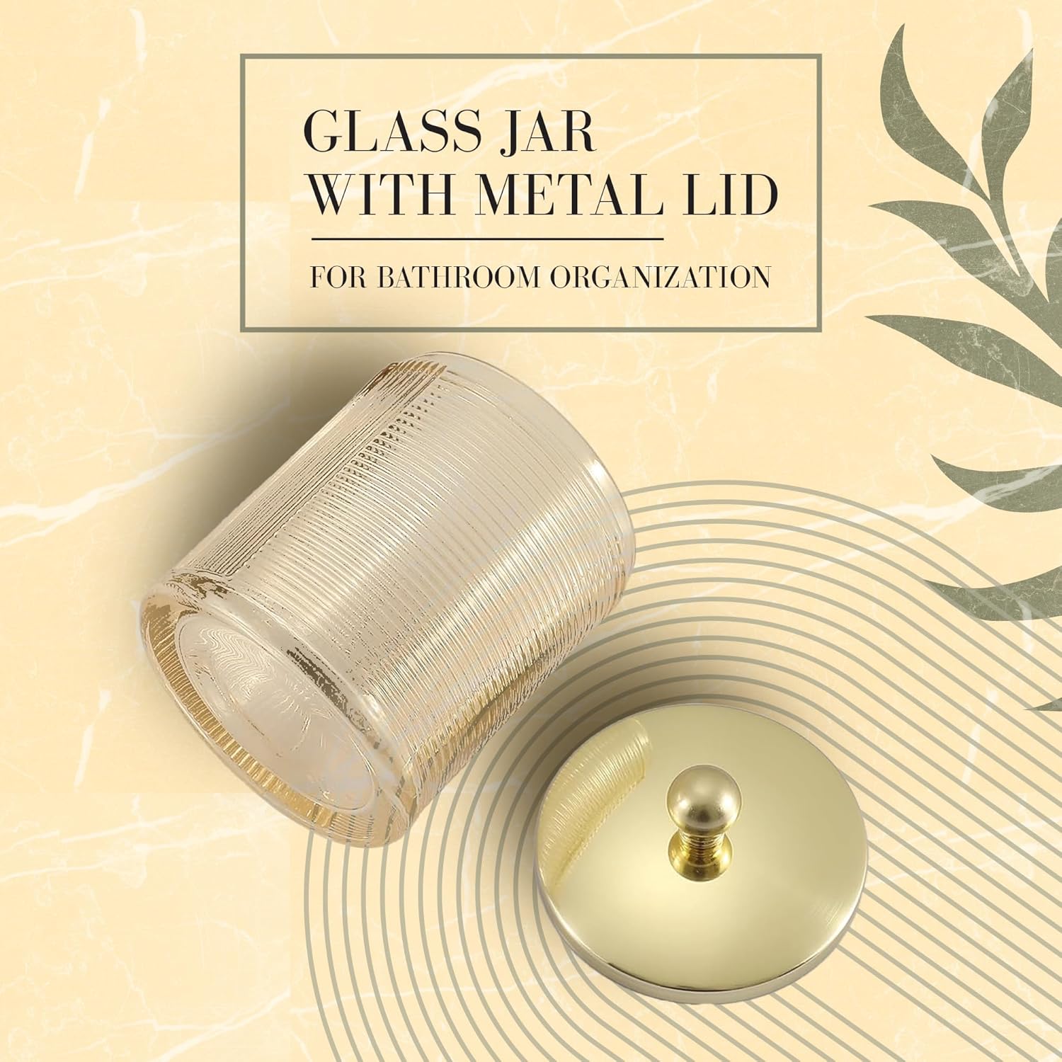 Glass Jar with Metal Lid for Bathroom Organization, Clear Apothecary Jar for Cotton Balls, Q Tips, and Small Accessories, Stylish Bathroom Storage Container Tan, Gold