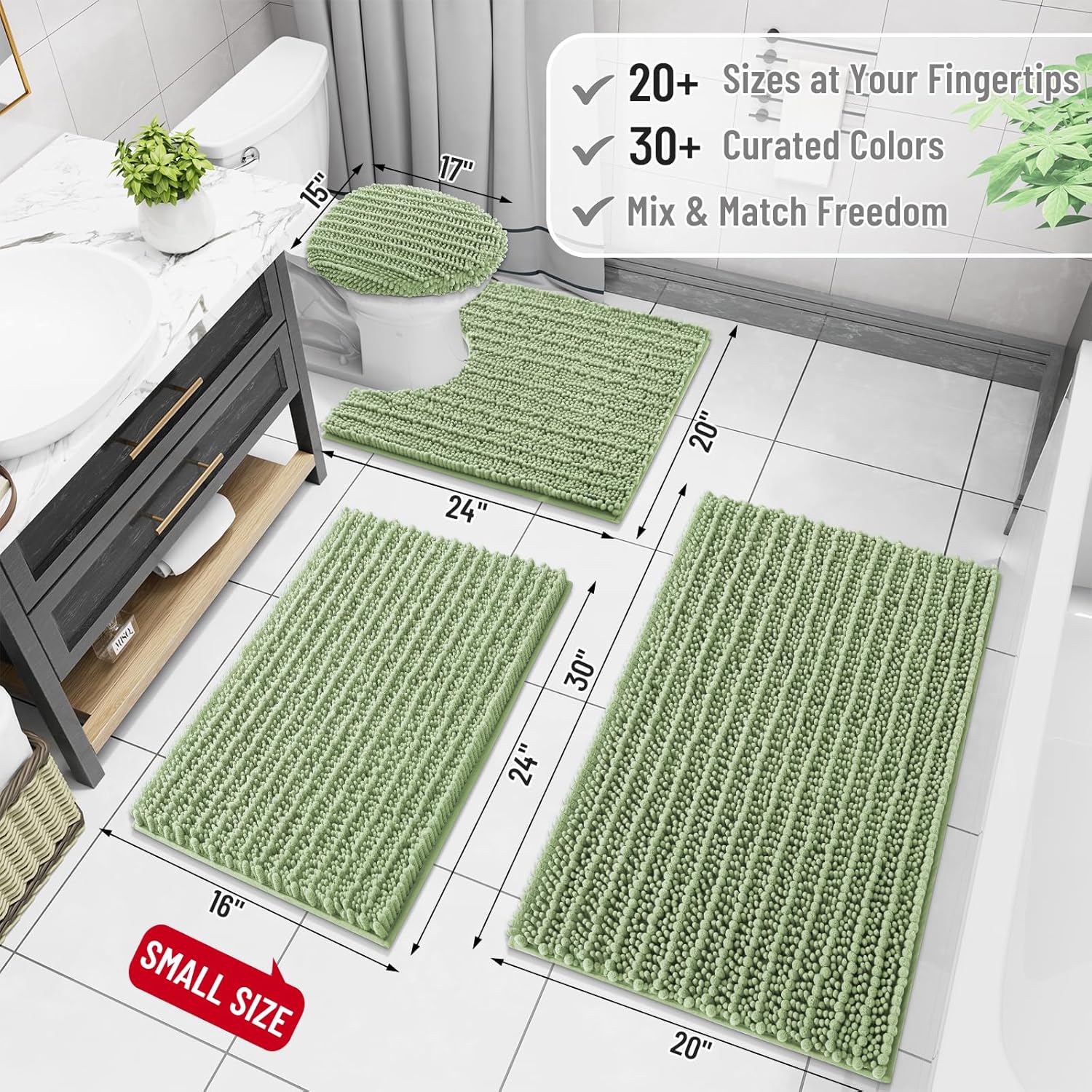 Arotive Luxury Chenille Bathroom Rug Mat, Extra Soft Thick Absorbent Shaggy Bath Rugs, Non-Slip Machine Wash Dry, Plush Bath Mats for Bathroom, Shower and Tub, 54x24, Sage Green