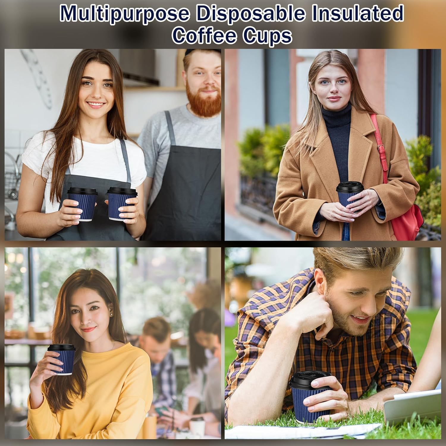 Uiifan 100 Set 4oz Disposable Espresso Cups with Lids Ripple Corrugated Paper Disposable Coffee Insulated Hot Ripple Cups for hot Chocolate, Tea, and Cocoa Drinks(Blue)