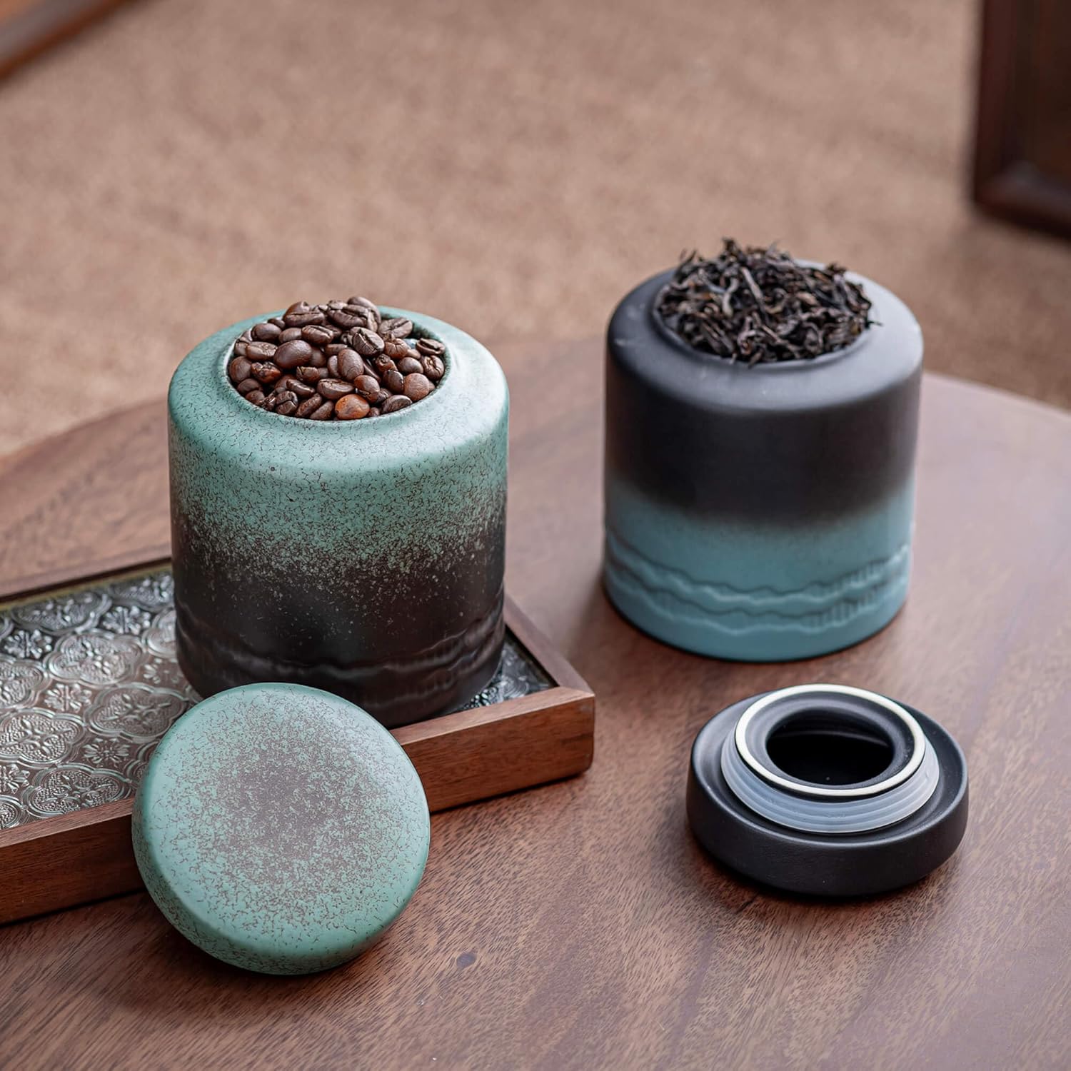 Tea Canister for Loose Tea with Airtight Lid, Kitchen Storage Containers, Ceramic Food Storage Jar, Ceramic Coffee Canister (Green)