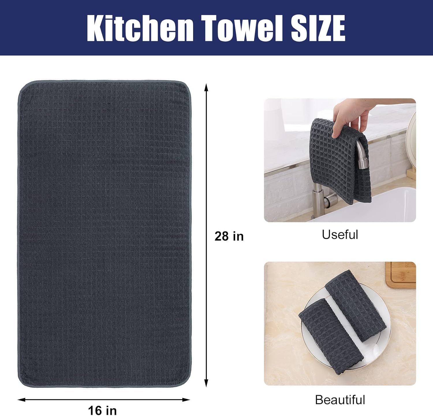 Homaxy Microfiber Waffle Weave Kitchen Towels, 16 x 28 Inch Ultra Absorbent and Solid Color Dish Towels, 4 Pack, Dark Grey