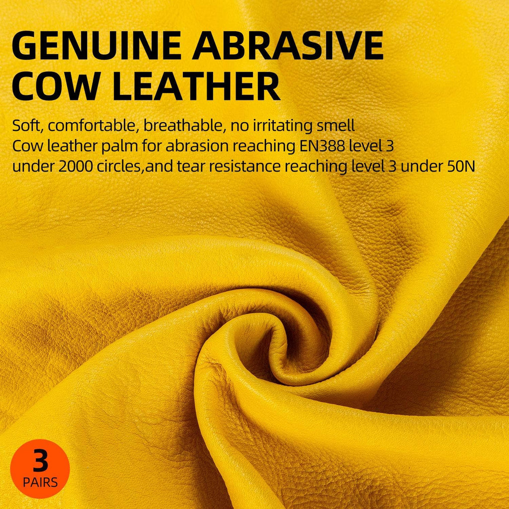 Vgo 3-Pairs Unlined Cow Grain Leather Work and Driver Gloves with Cow Split Leather Palm Patch (Size XXL, Gold,CA9590)