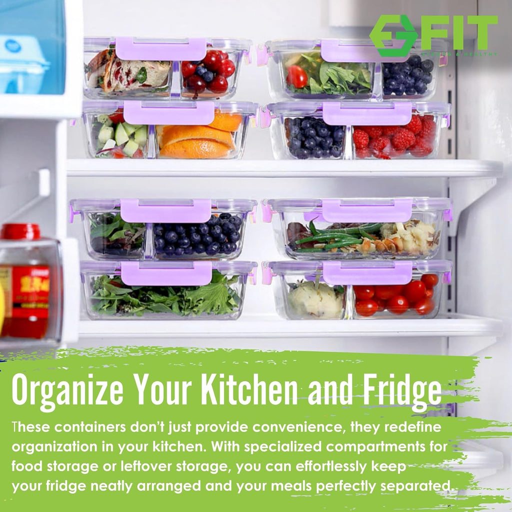 2 & 3 Compartment Glass Meal Prep Containers (4 Pack, 32 oz) - Glass Food Storage Containers with Lids, Bento Box, Portion Control, Airtight, Oven & Freezer safe, Food Container, Lavender