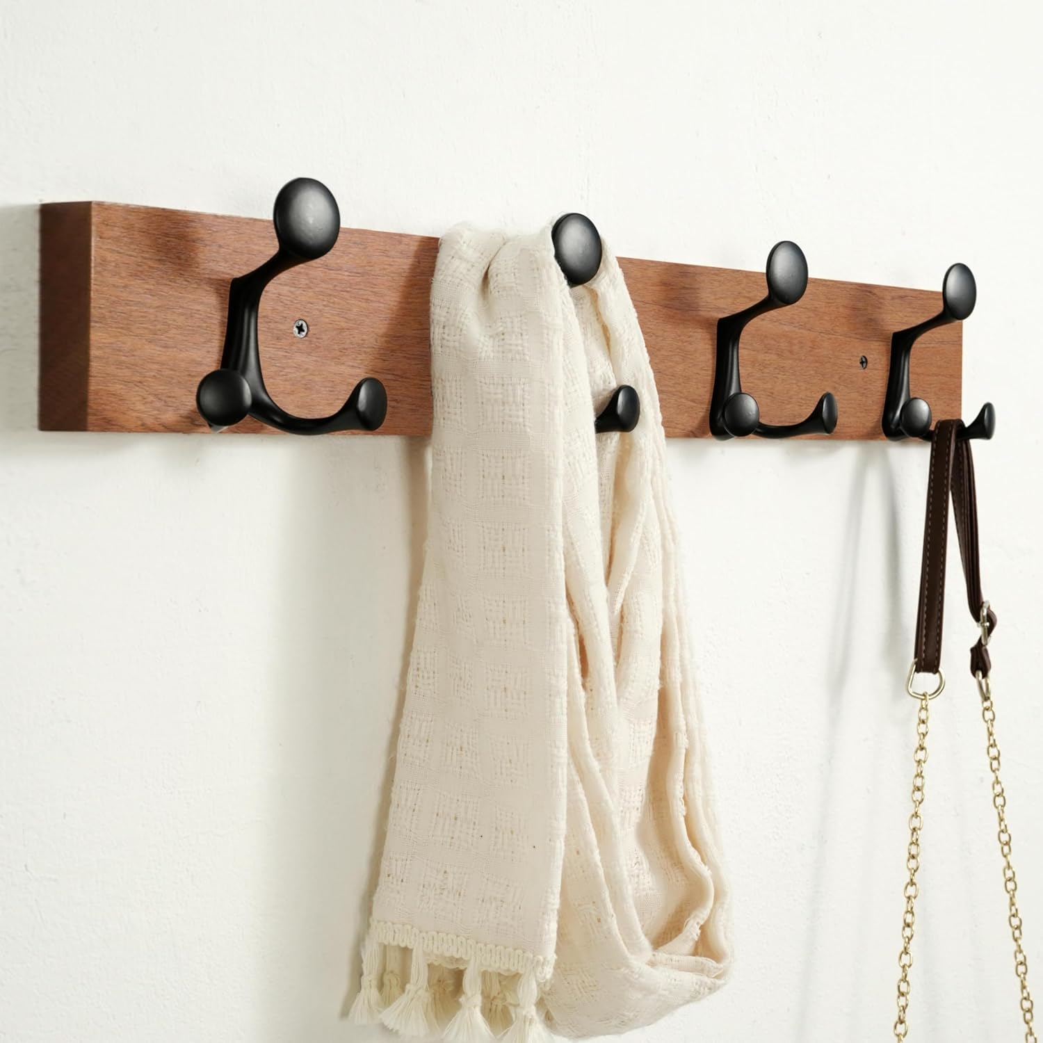 SKOLOO 24-Inch Wood Coat Rack Wall Mount with 4 Triple Hooks - Ideal for Family Entrances, Classrooms, and Pet Supplies Storage - Perfect Coat Hooks for Wall,Mahogany (Sapele)