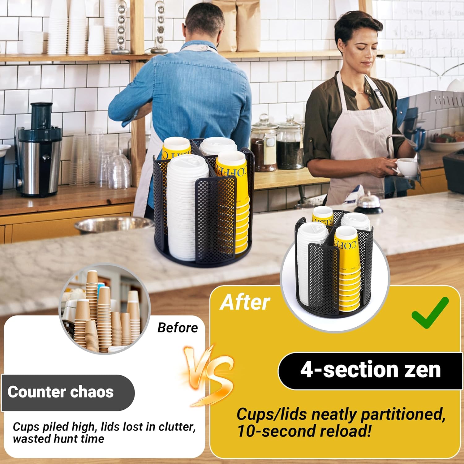 4-Compartment Rotating Paper Cup Holder & Coffee Cup Lid Storage Dispenser, Plastic Cup Dispenser Removable, Space-Saving Countertop Cup Holder for Coffee Bars, Kitchens (Black)