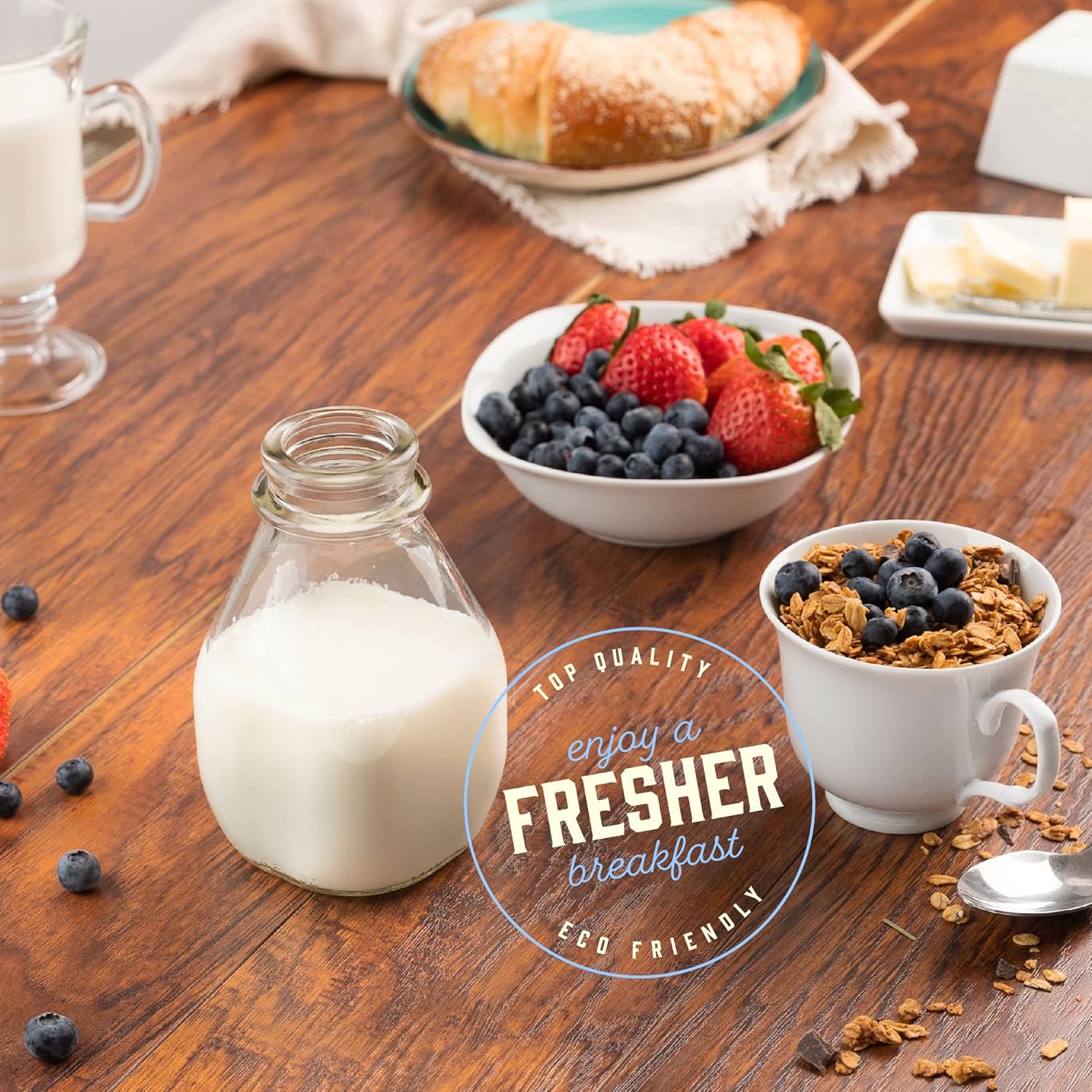 kitchentoolz 16 Oz Glass Milk Bottle with Lid - 16 Ounce Short and Wide Glass Milk Container for Refrigerator with Tamper Proof Lid and Pour Spout - Pack of 2