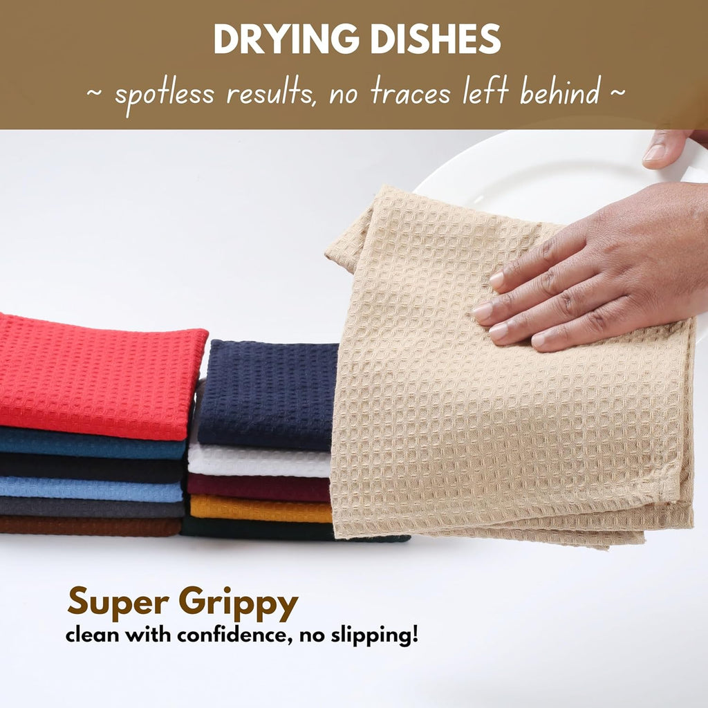 Native Fab 18 Pack Waffle Dish Cloths - 100% Cotton, 12" x 12", Absorbent, Quick Drying, Washable Towels for Cleaning, Cooking, Baking - Great for Home, Restaurants, Bars, Versatile Use - Beige