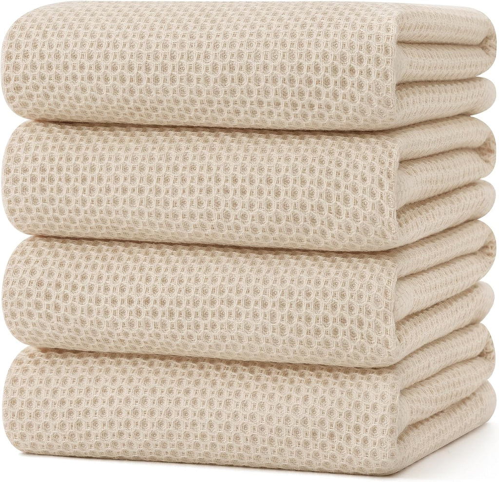 Kitinjoy 100% Cotton Waffle Weave Kitchen Towels, 4-Pack Super Soft and Absorbent Dish Towels for Drying Dishes, Kitchen Hand Towels, 20 in x 28 in, Beige