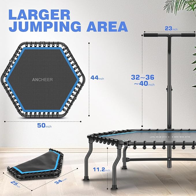 ANCHEER 50" Rebounder Trampoline for Adults- 2025 Foldable Mini Trampoline with Bar- Exercise Trampoline for Adults, Max Load 450lbs/550lbs, for Indoor/Garden Workout