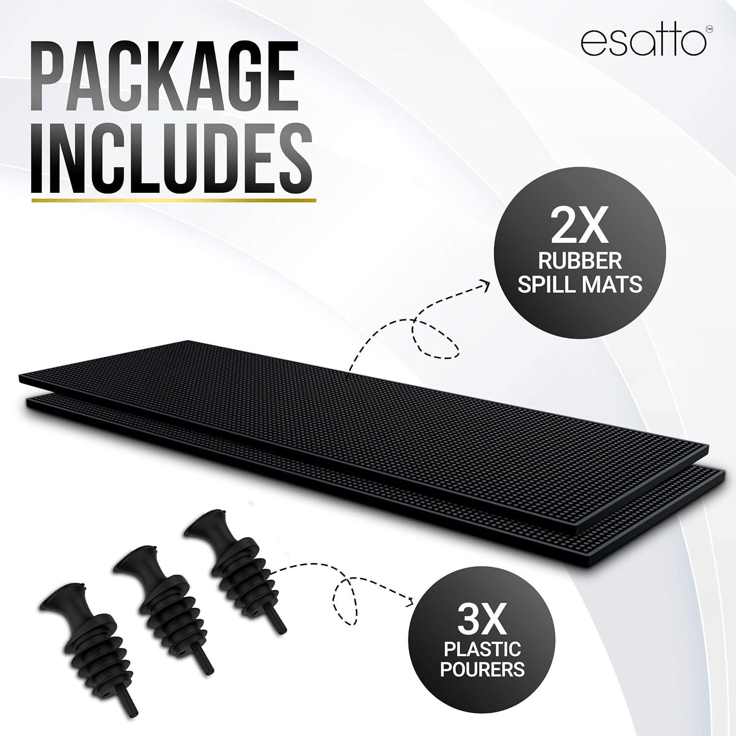 Esatto 23.375” x 7.75” Double Width Professional Spill Bar Supply Mat Bartender Non-Slip Black Bar Mat Coffee Drinks Mixing Pad for Bars, Home, Kitchen, Restaurants (2 Pack, Black) Includes 3 Pourers