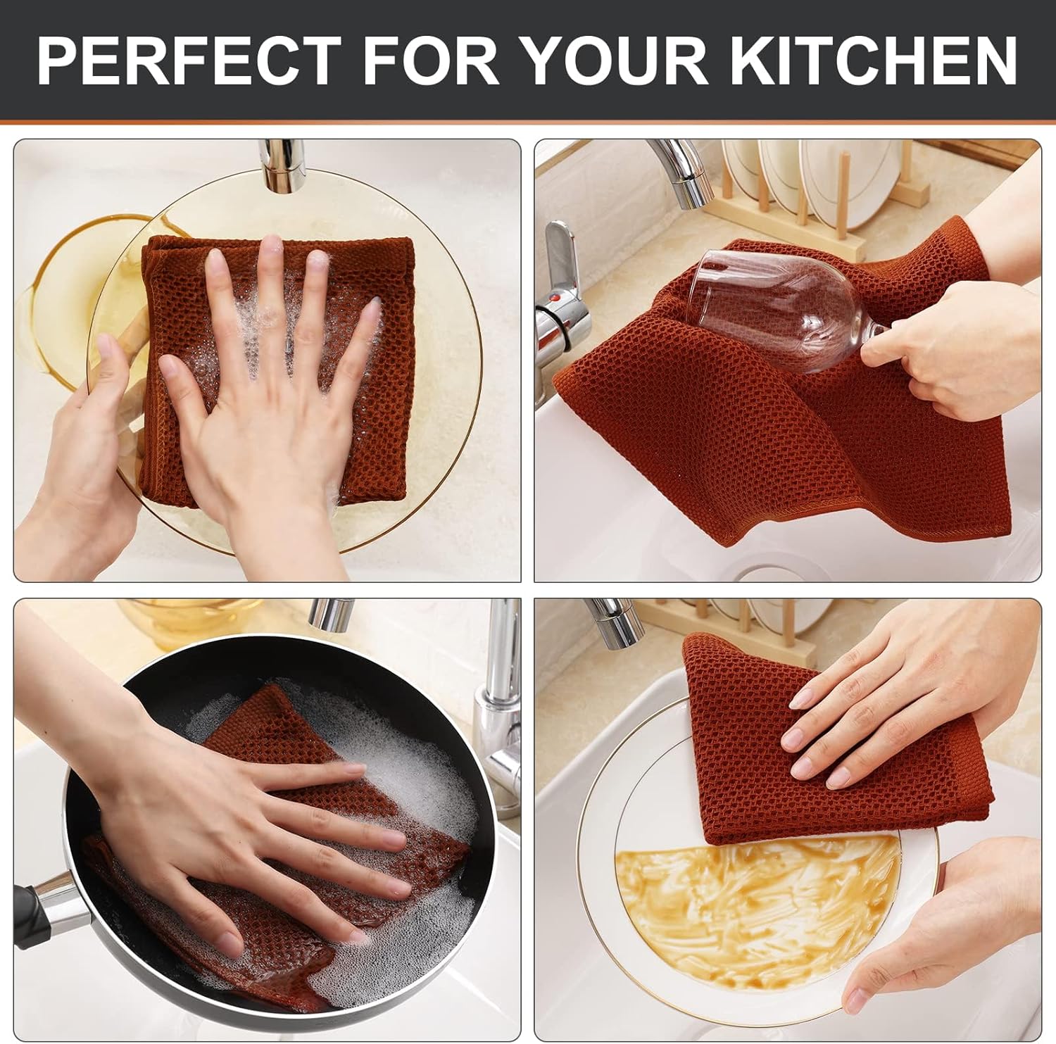 Kitinjoy 100% Cotton Kitchen Dish Cloths, 12 Pack Waffle Weave Ultra Soft Absorbent Dish Towels for Drying Dishes Quick Drying Kitchen Towels Dish Rags, 12 X 12Inch, Rust