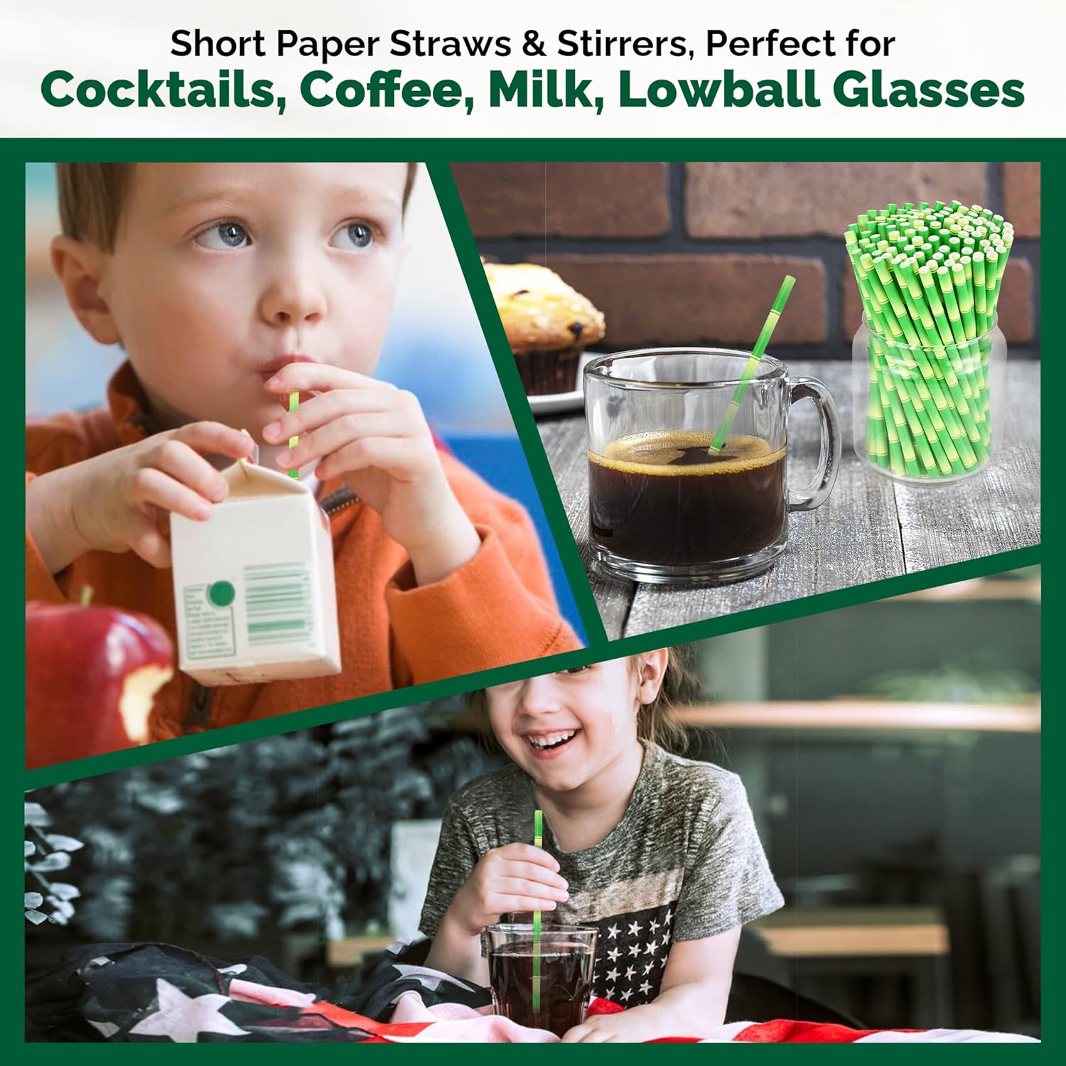 5.75 inch Short Bamboo Paper Straws & Stirrers for Cocktail and Coffee - 100% Biodegradable and Compostable [500 Counts]